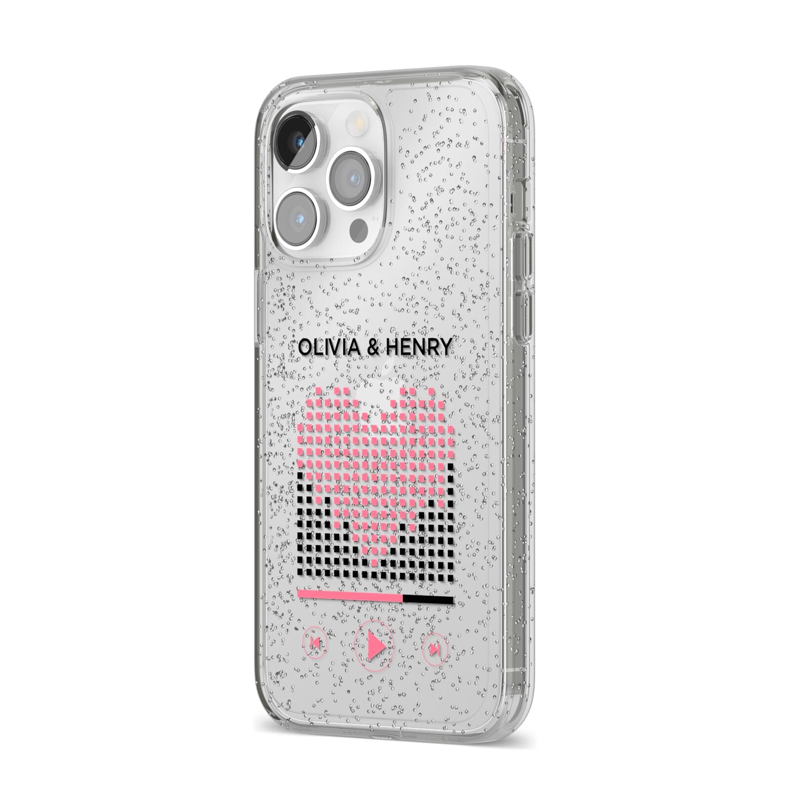 Custom Couples Music iPhone 14 Pro Max Glitter Tough Case Silver Angled Image