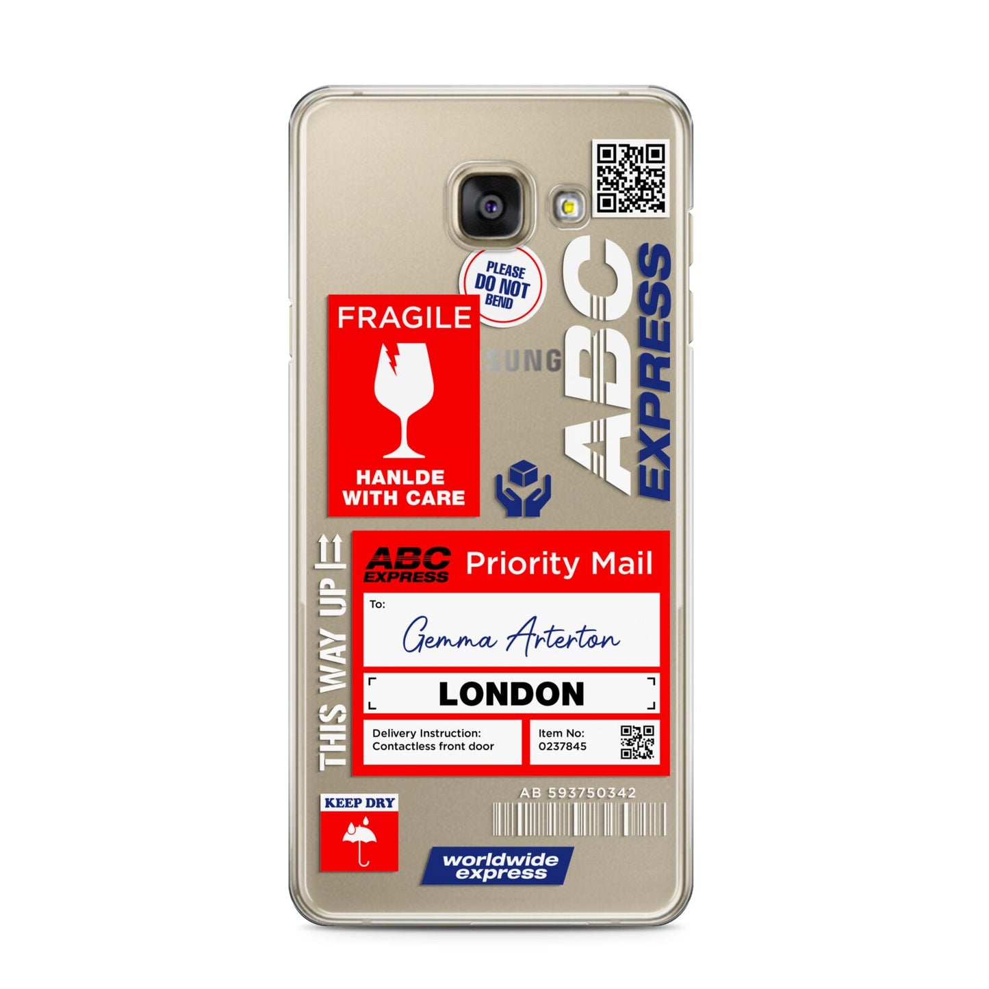 Custom Courier Label with Name Samsung Galaxy A3 2016 Case on gold phone