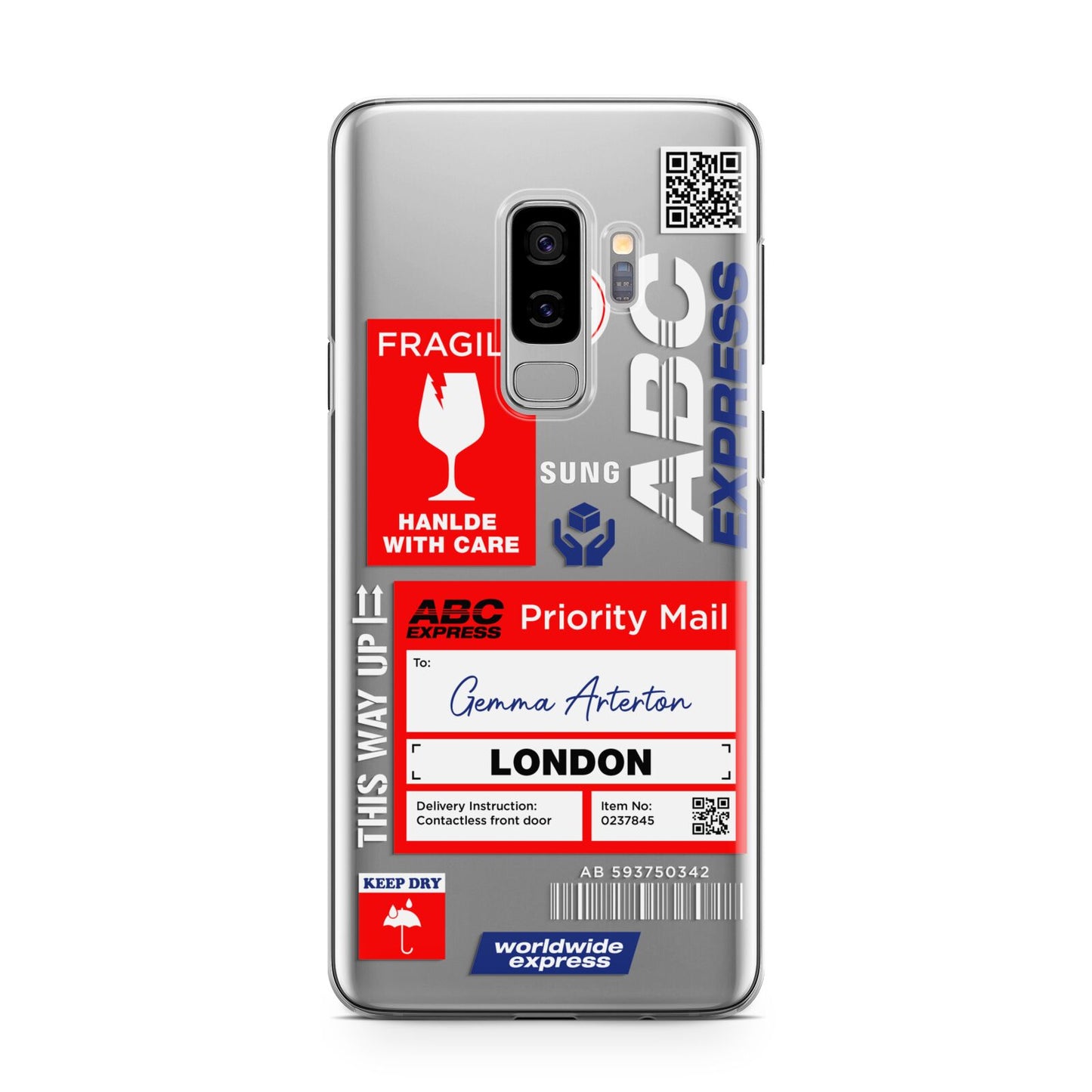 Custom Courier Label with Name Samsung Galaxy S9 Plus Case on Silver phone