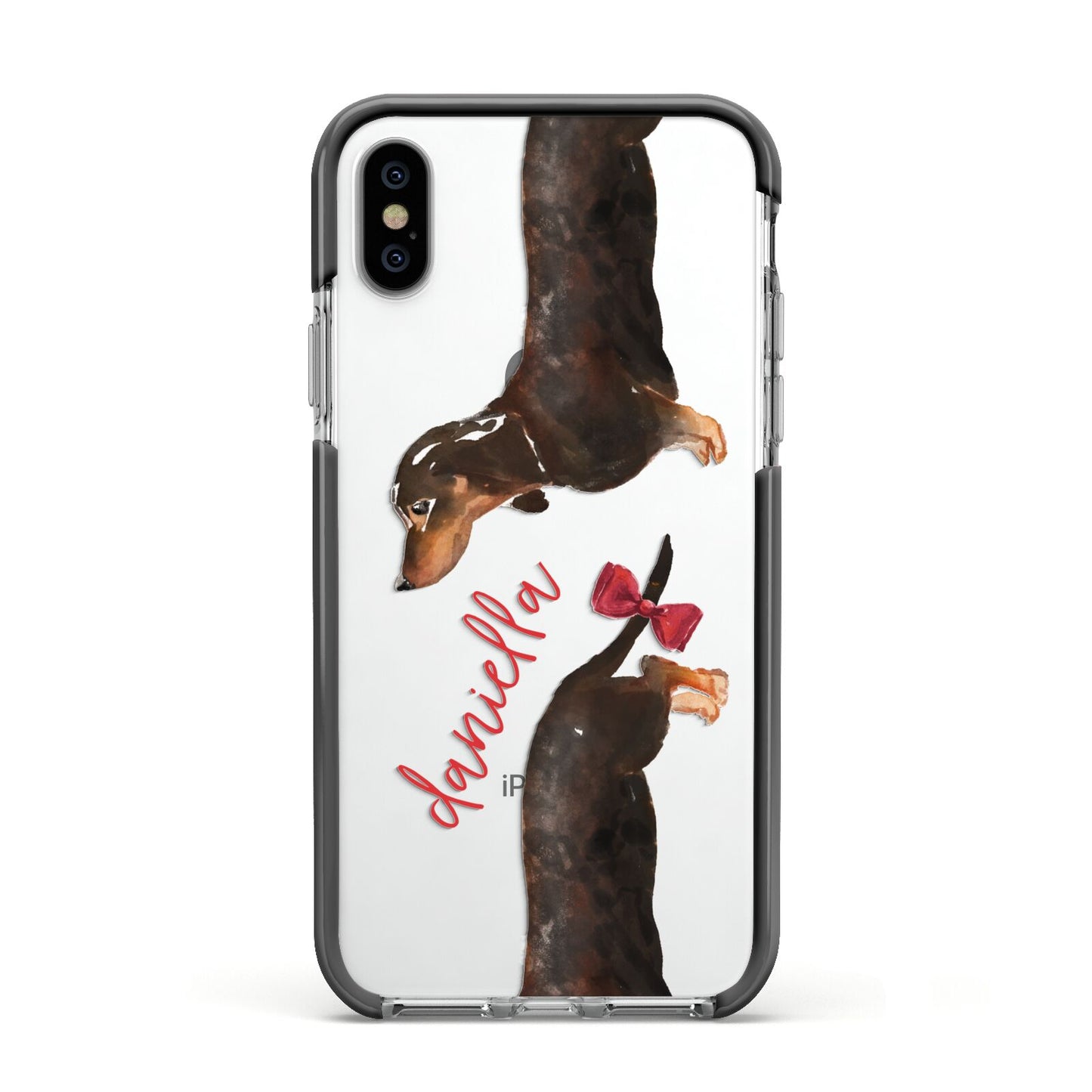 Custom Dachshund Apple iPhone Xs Impact Case Black Edge on Silver Phone