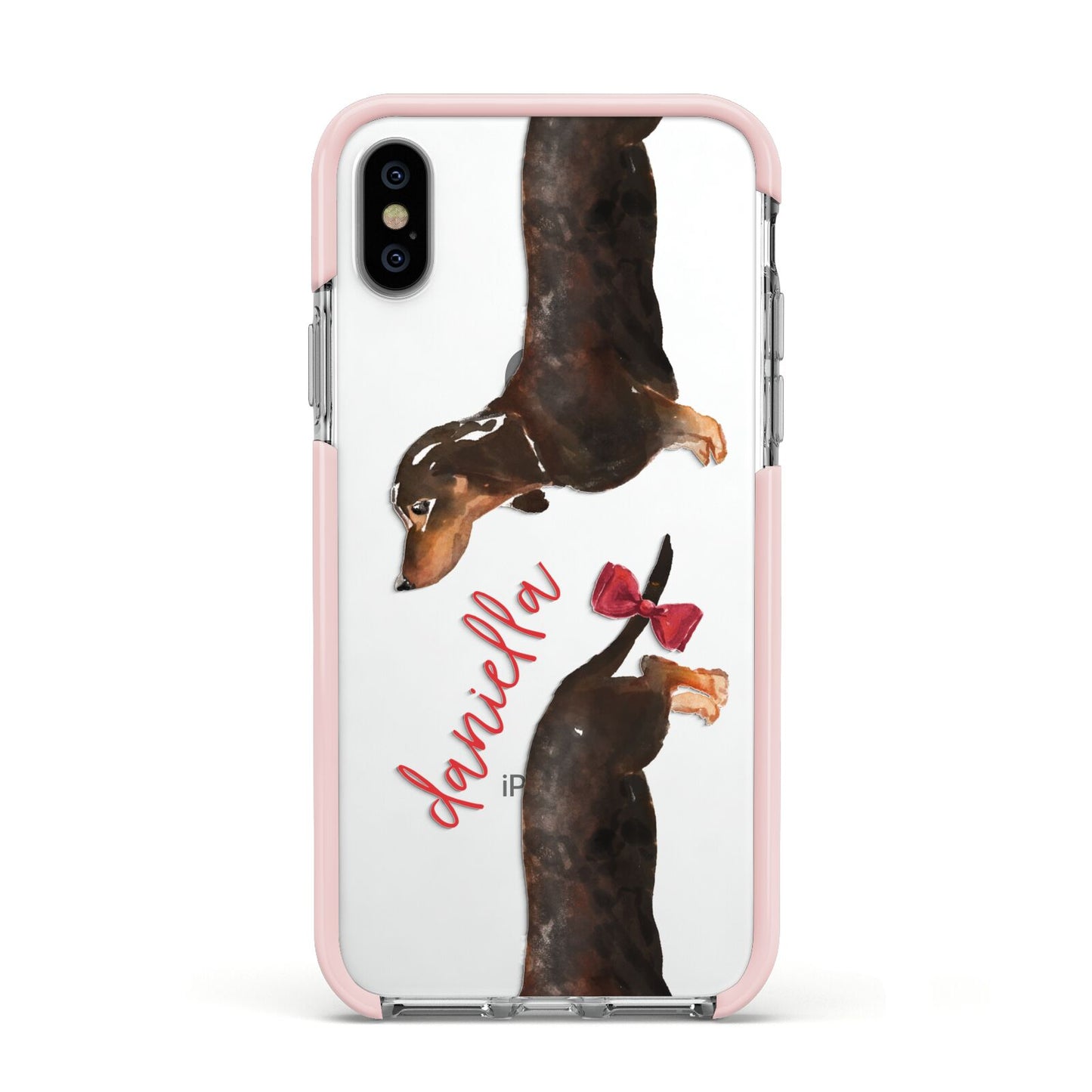 Custom Dachshund Apple iPhone Xs Impact Case Pink Edge on Silver Phone