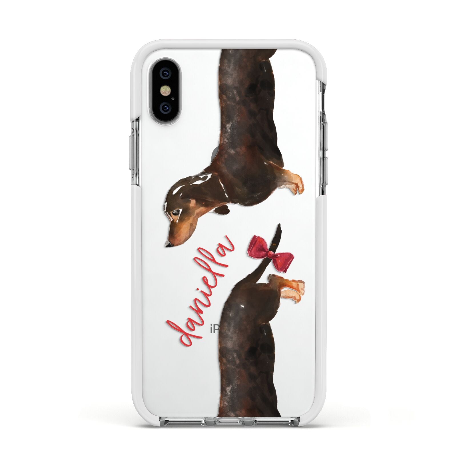 Custom Dachshund Apple iPhone Xs Impact Case White Edge on Silver Phone