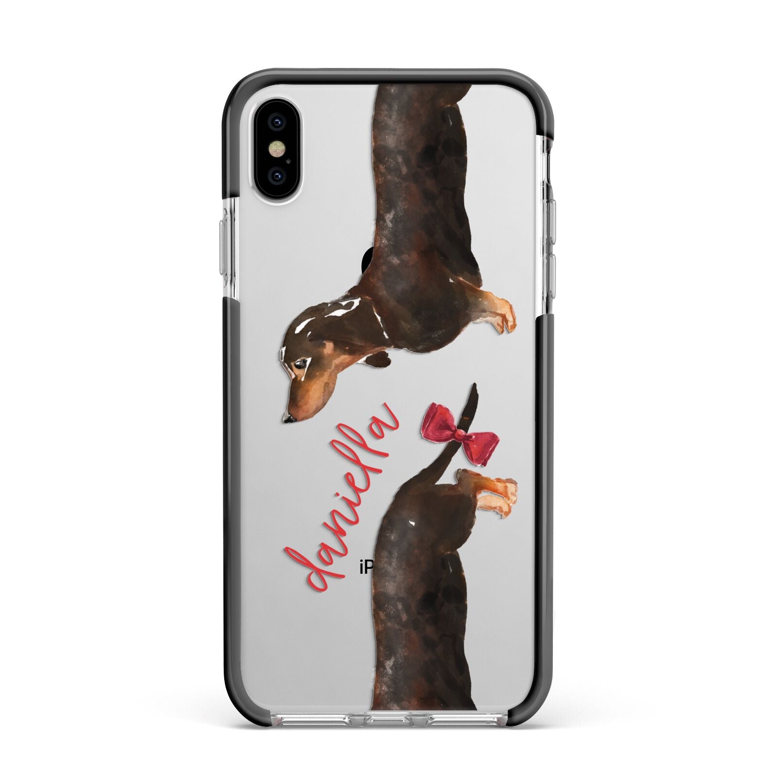 Custom Dachshund Apple iPhone Xs Max Impact Case Black Edge on Silver Phone