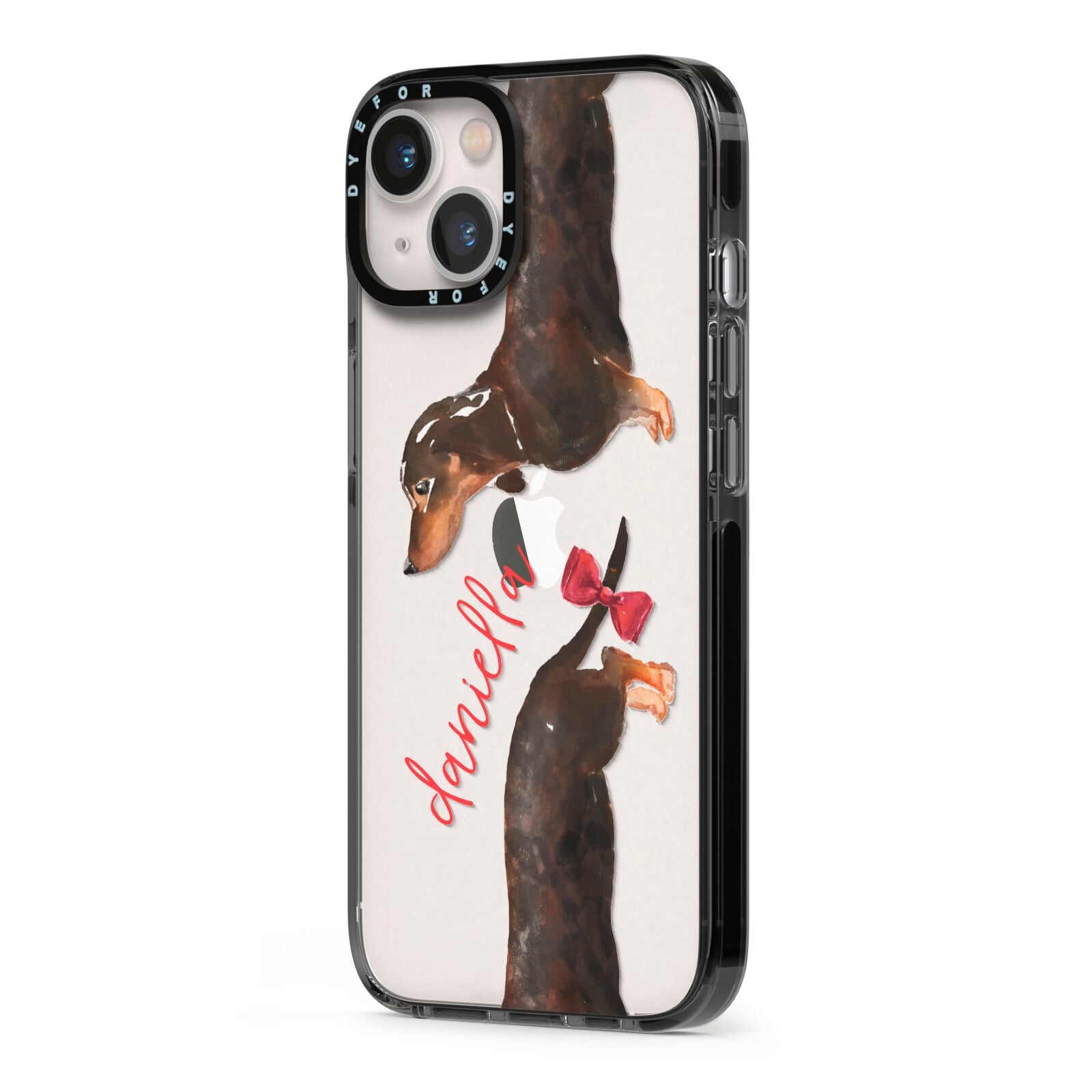 Custom Dachshund iPhone 13 Black Impact Case Side Angle on Silver phone