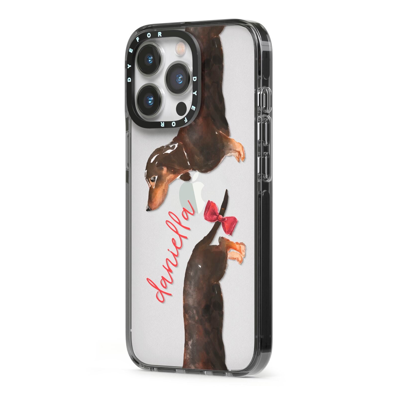 Custom Dachshund iPhone 13 Pro Black Impact Case Side Angle on Silver phone