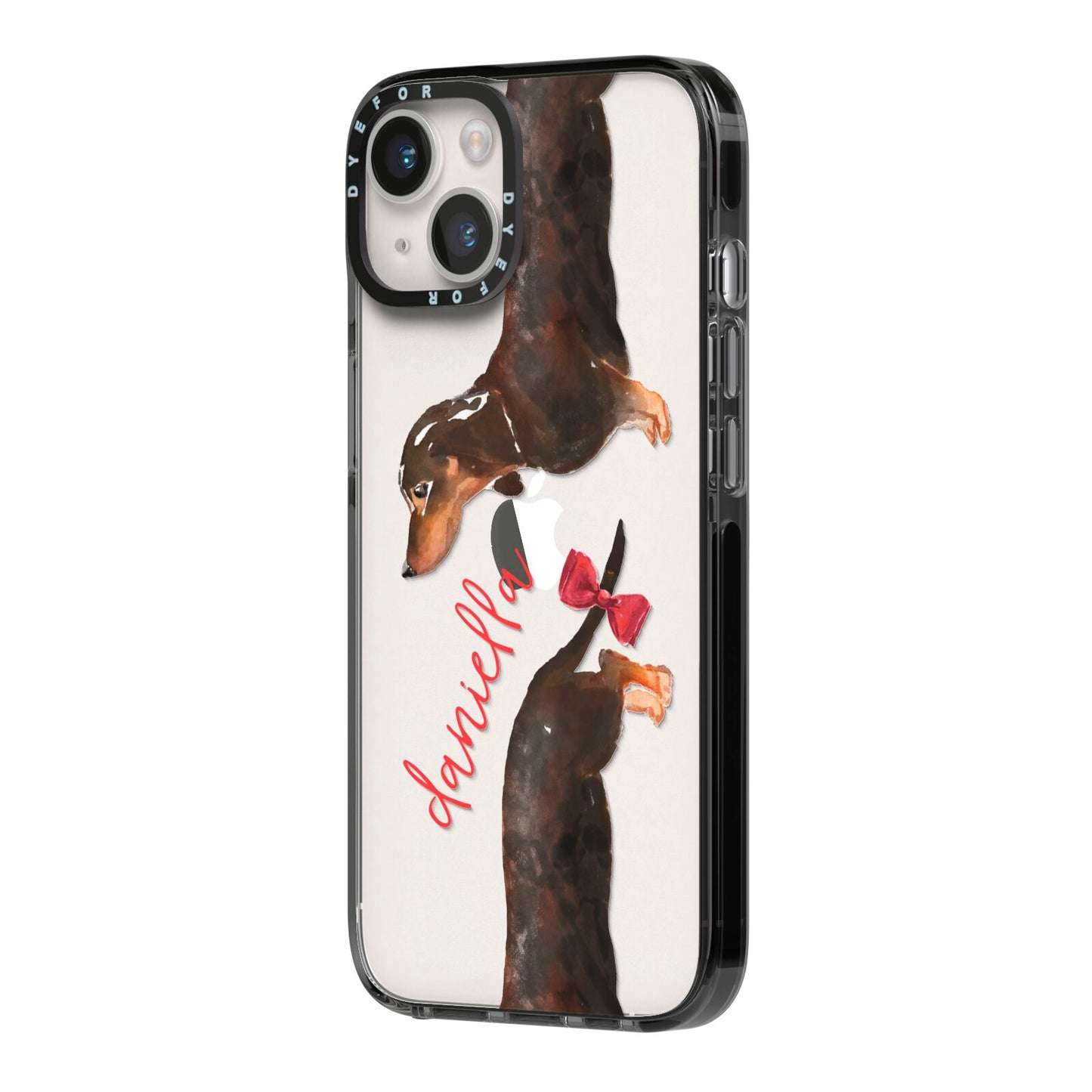 Custom Dachshund iPhone 14 Black Impact Case Side Angle on Silver phone