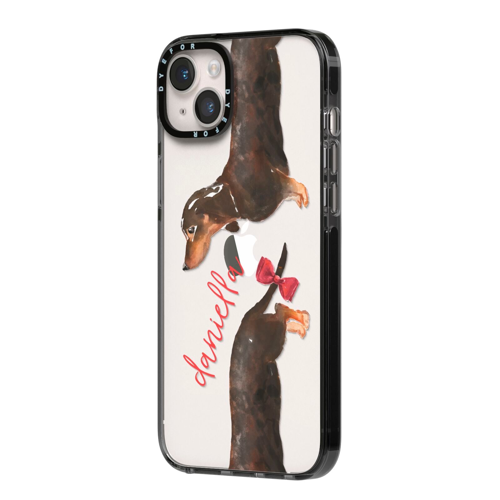 Custom Dachshund iPhone 14 Plus Black Impact Case Side Angle on Silver phone