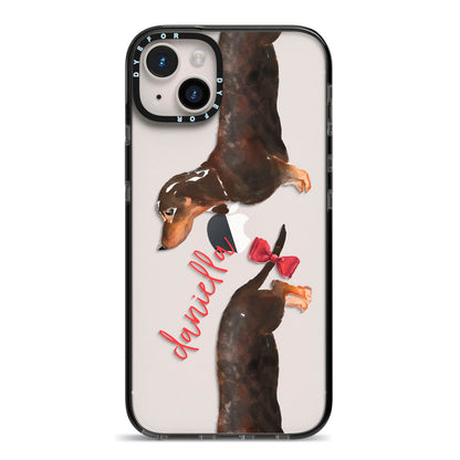 Custom Dachshund iPhone 14 Plus Black Impact Case on Silver phone