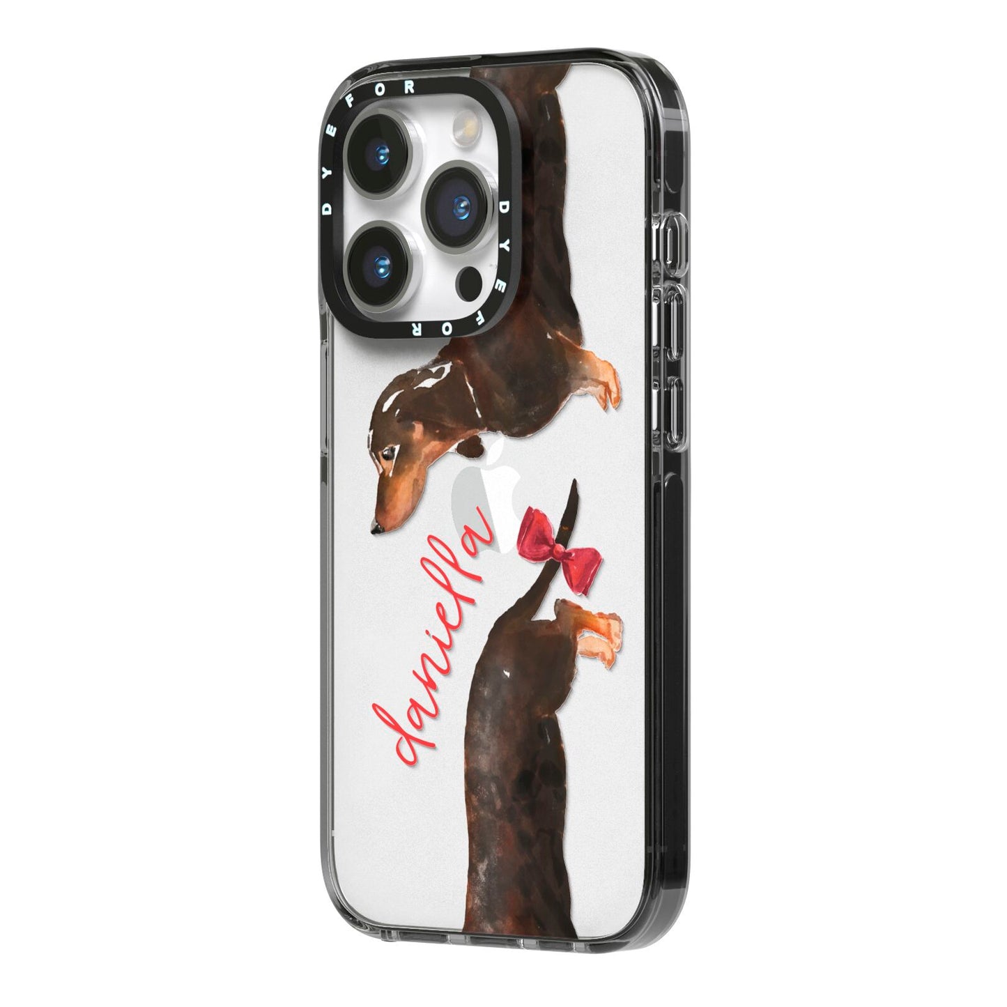 Custom Dachshund iPhone 14 Pro Black Impact Case Side Angle on Silver phone