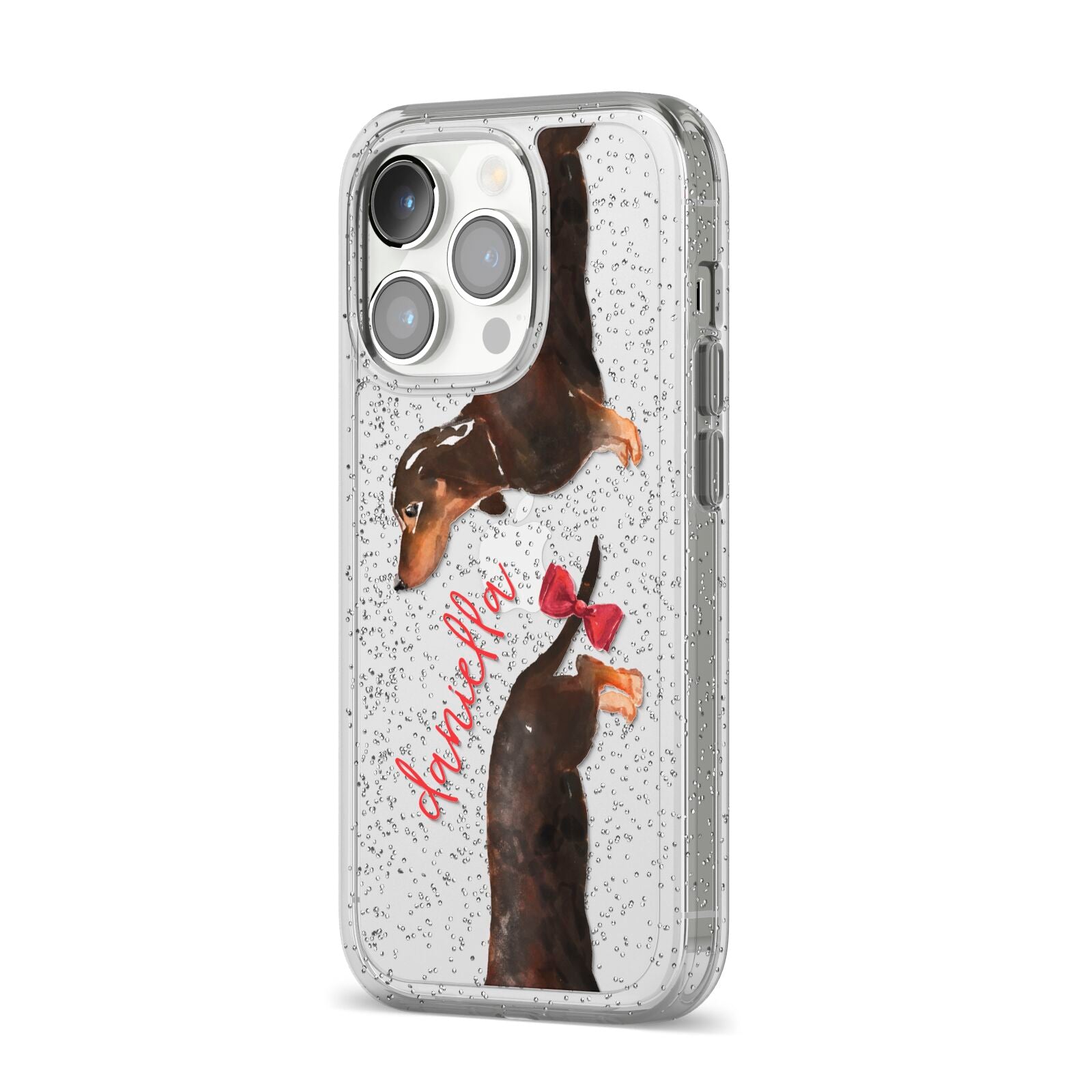 Custom Dachshund iPhone 14 Pro Glitter Tough Case Silver Angled Image