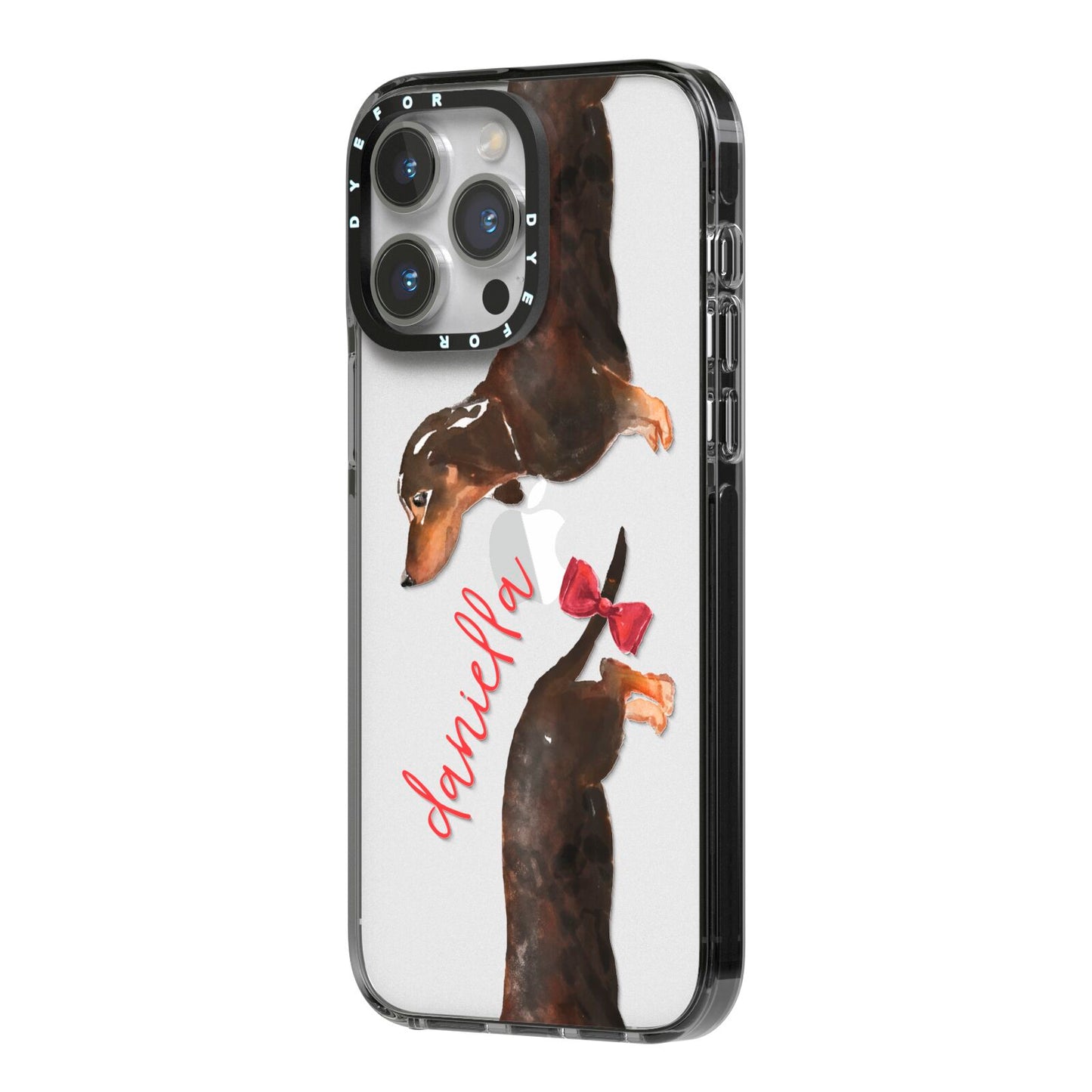 Custom Dachshund iPhone 14 Pro Max Black Impact Case Side Angle on Silver phone