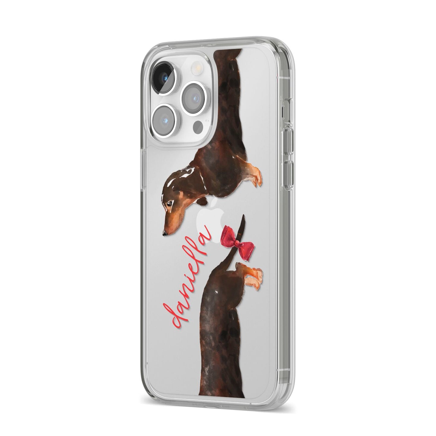 Custom Dachshund iPhone 14 Pro Max Clear Tough Case Silver Angled Image