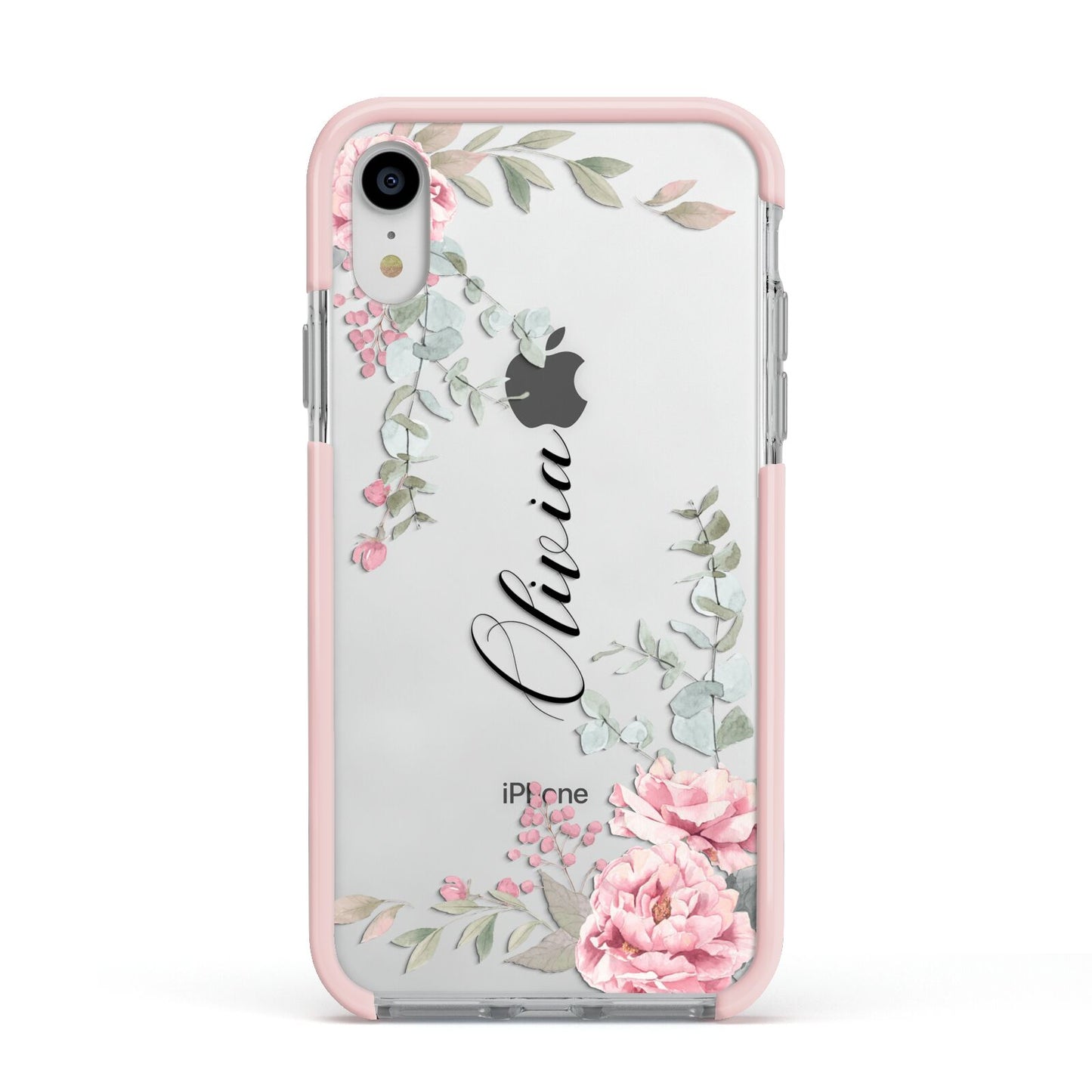 Custom Decorative Floral Apple iPhone XR Impact Case Pink Edge on Silver Phone