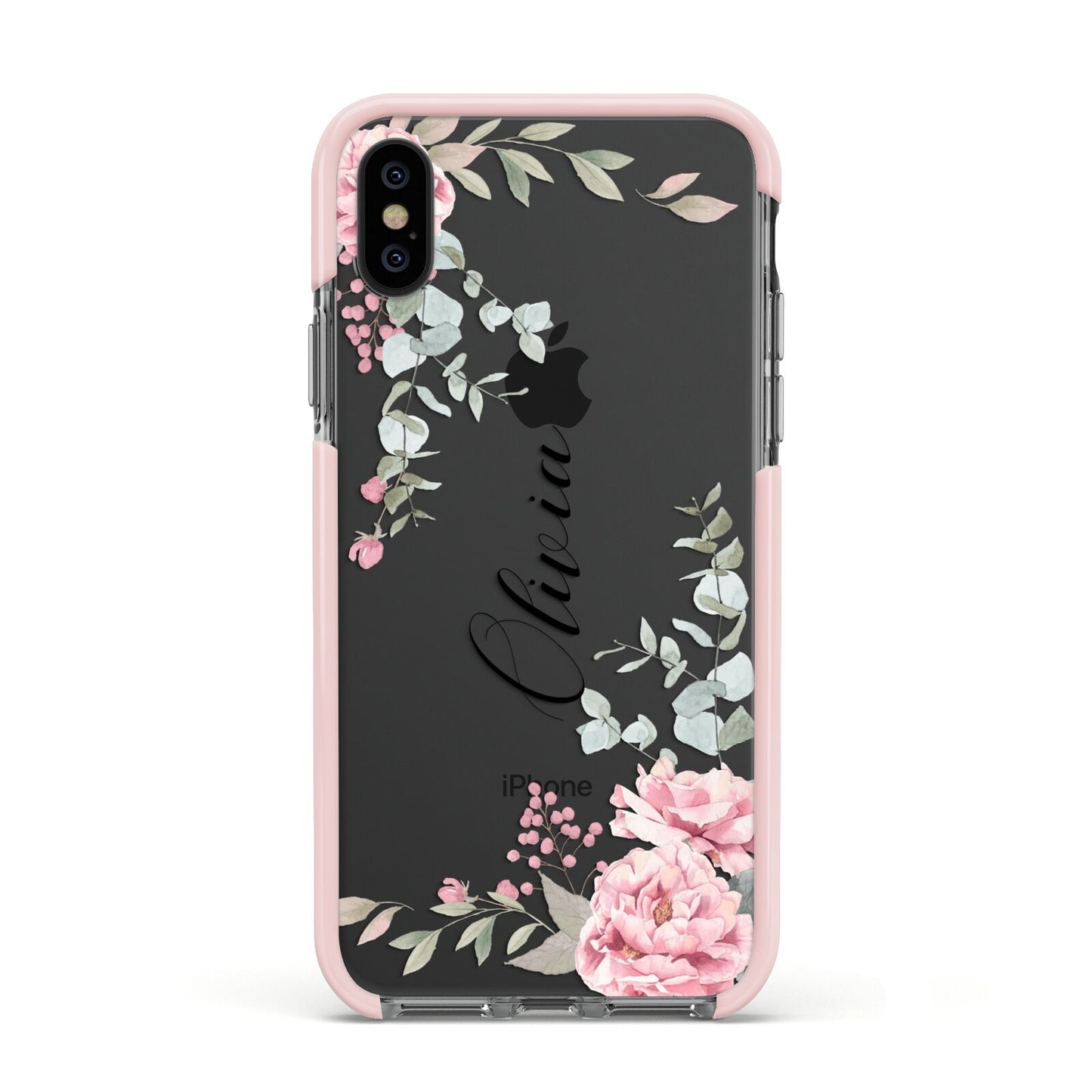 Custom Decorative Floral Apple iPhone Xs Impact Case Pink Edge on Black Phone