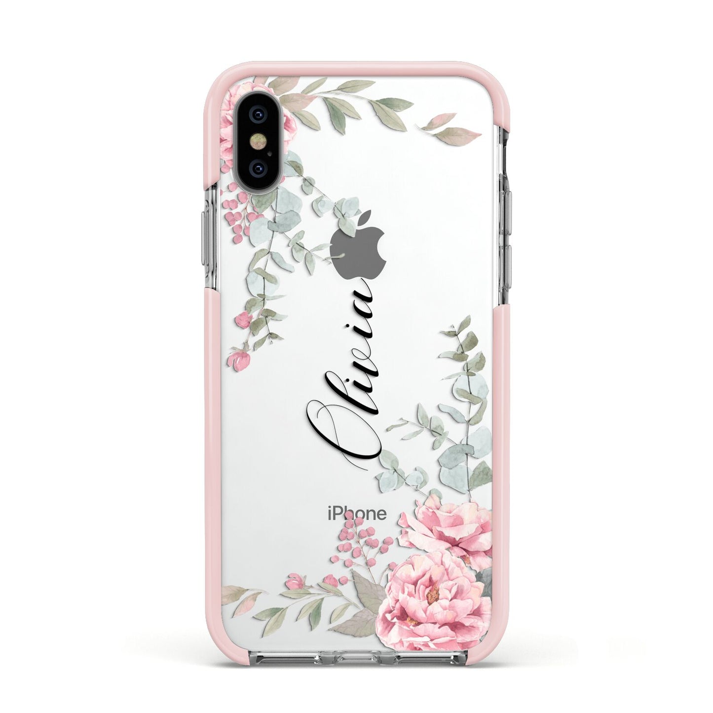 Custom Decorative Floral Apple iPhone Xs Impact Case Pink Edge on Silver Phone