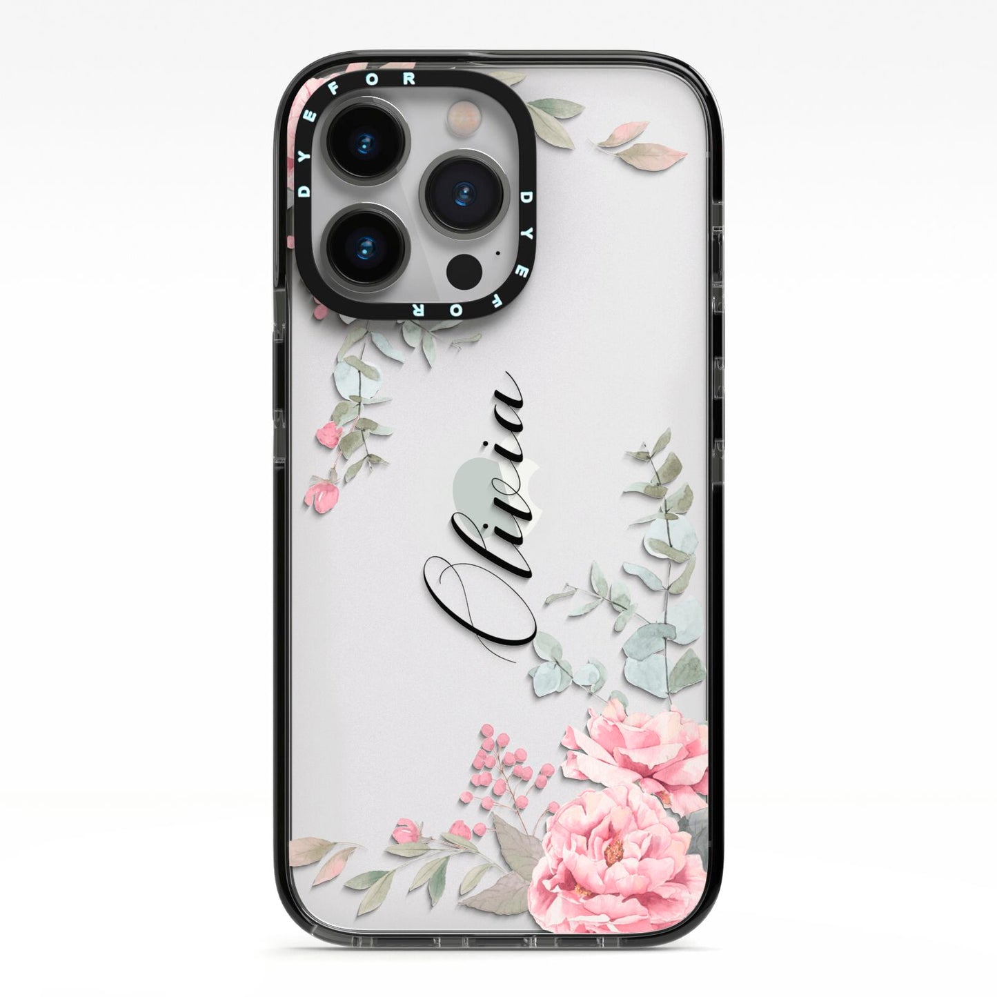 Custom Decorative Floral iPhone 13 Pro Black Impact Case on Silver phone