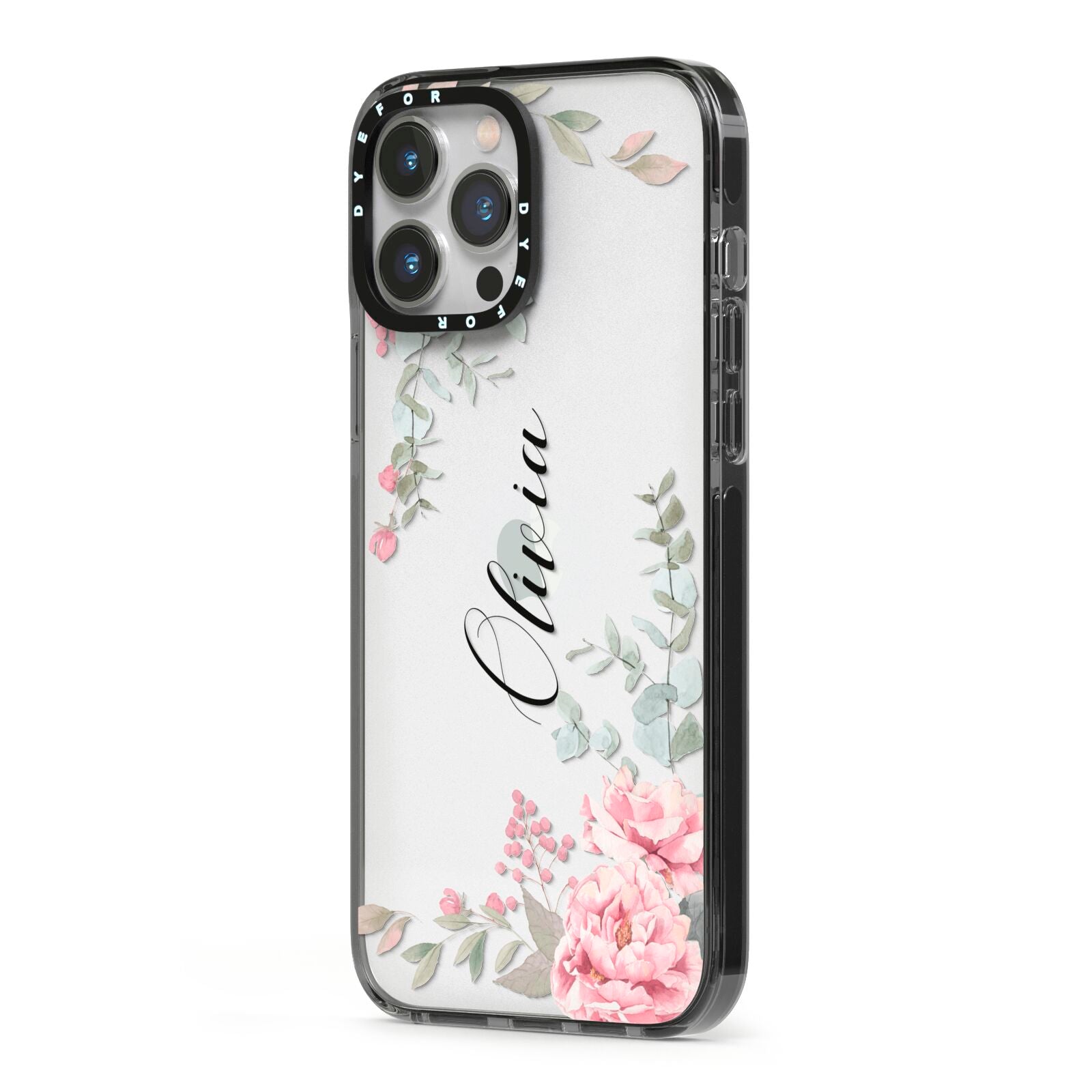 Custom Decorative Floral iPhone 13 Pro Max Black Impact Case Side Angle on Silver phone