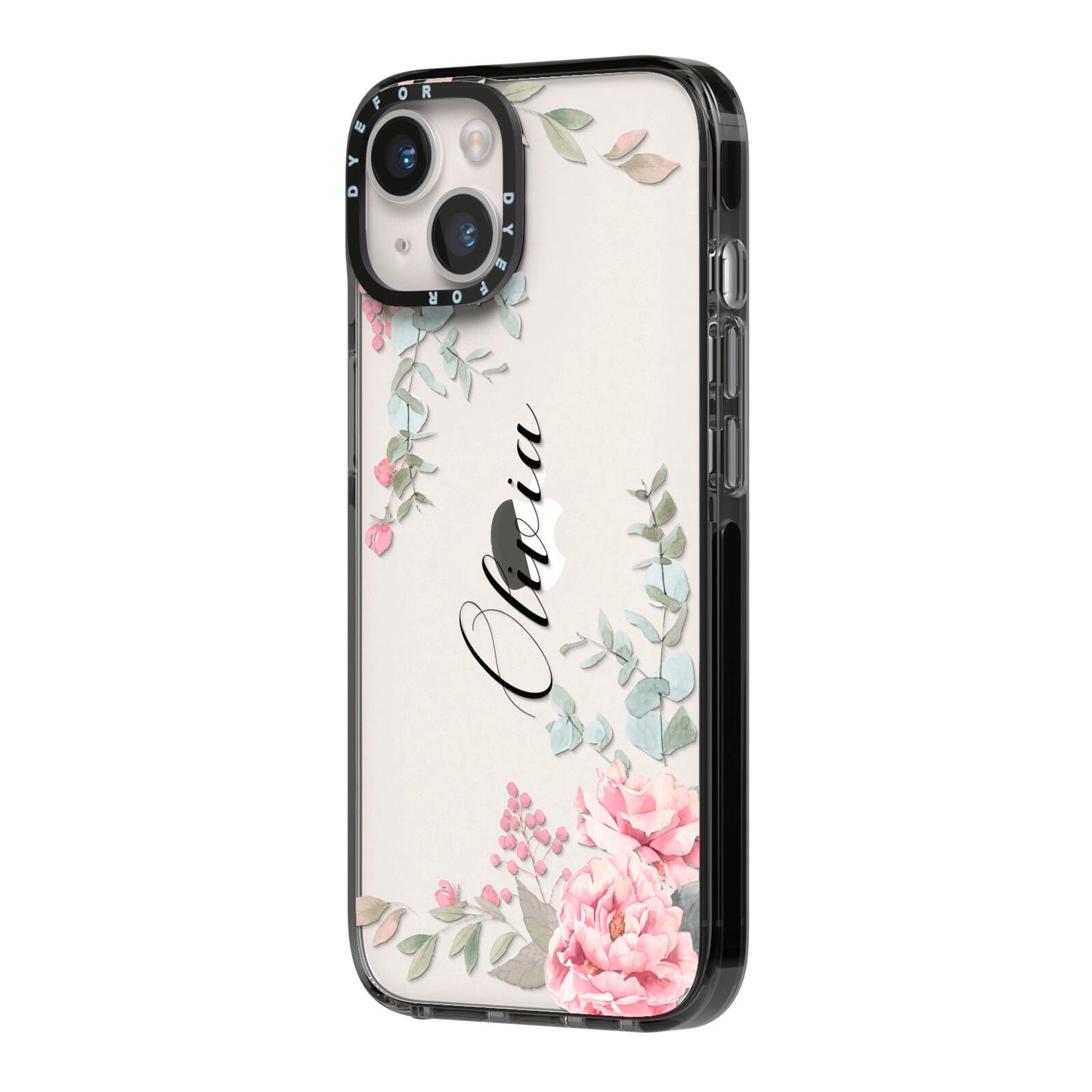 Custom Decorative Floral iPhone 14 Black Impact Case Side Angle on Silver phone