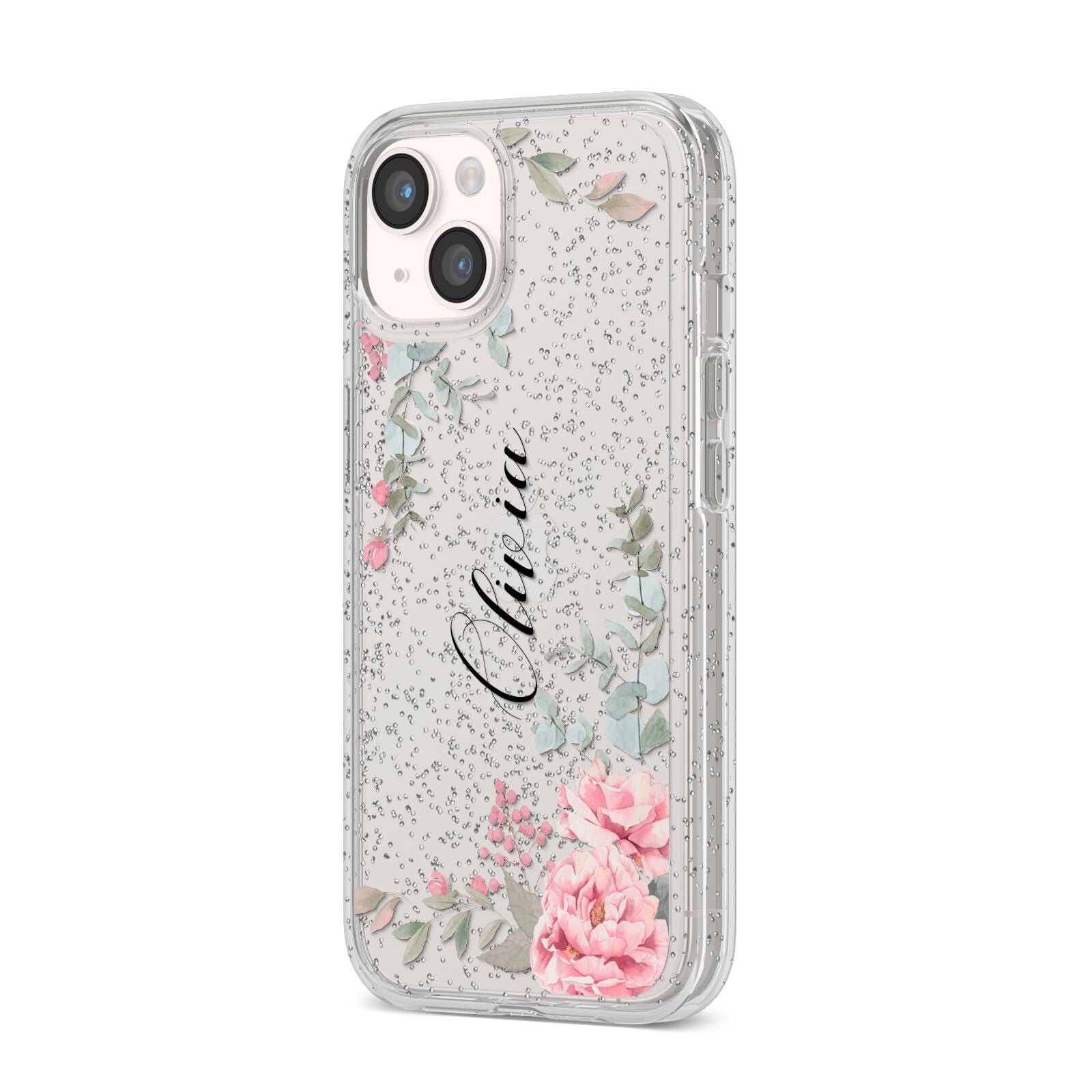 Custom Decorative Floral iPhone 14 Glitter Tough Case Starlight Angled Image