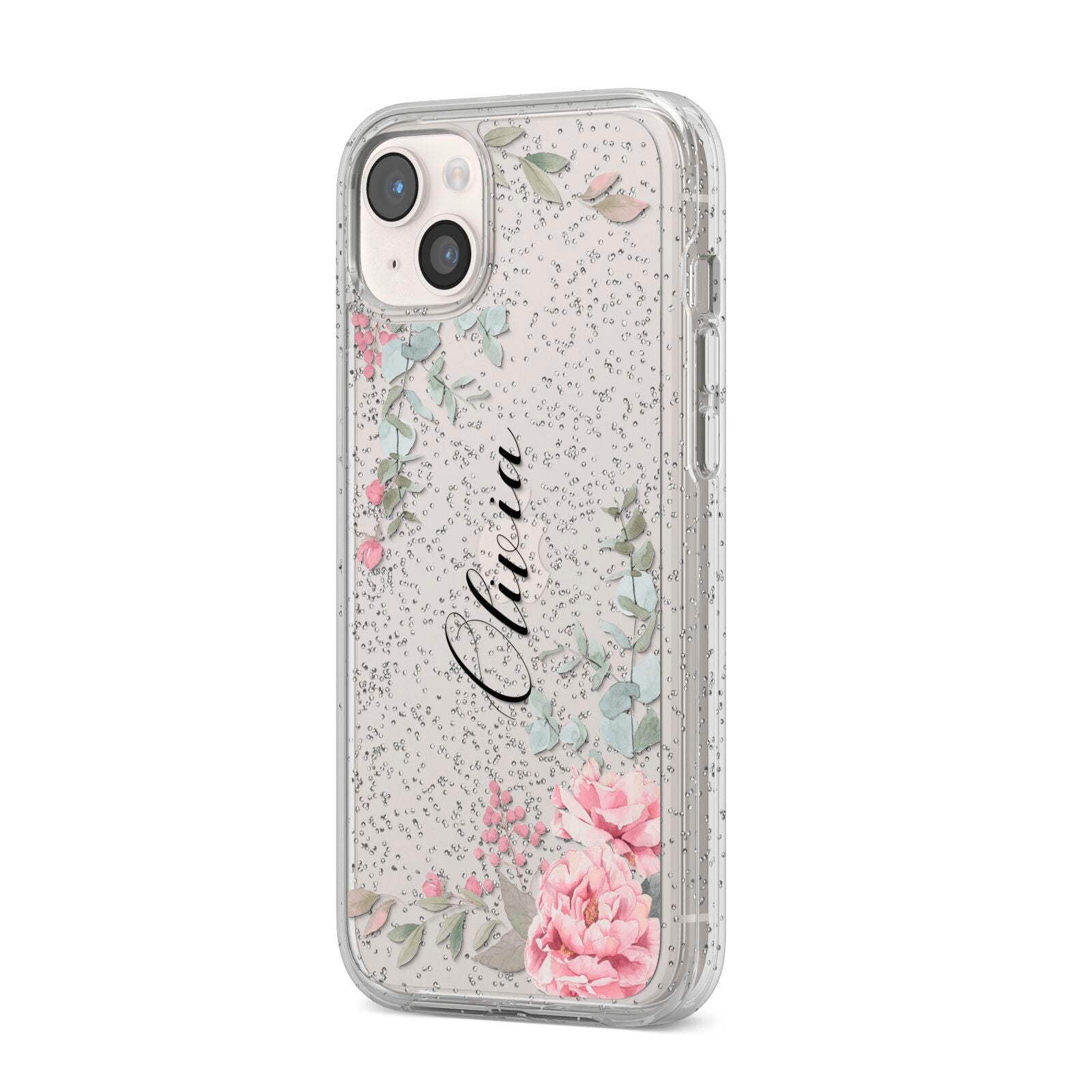 Custom Decorative Floral iPhone 14 Plus Glitter Tough Case Starlight Angled Image