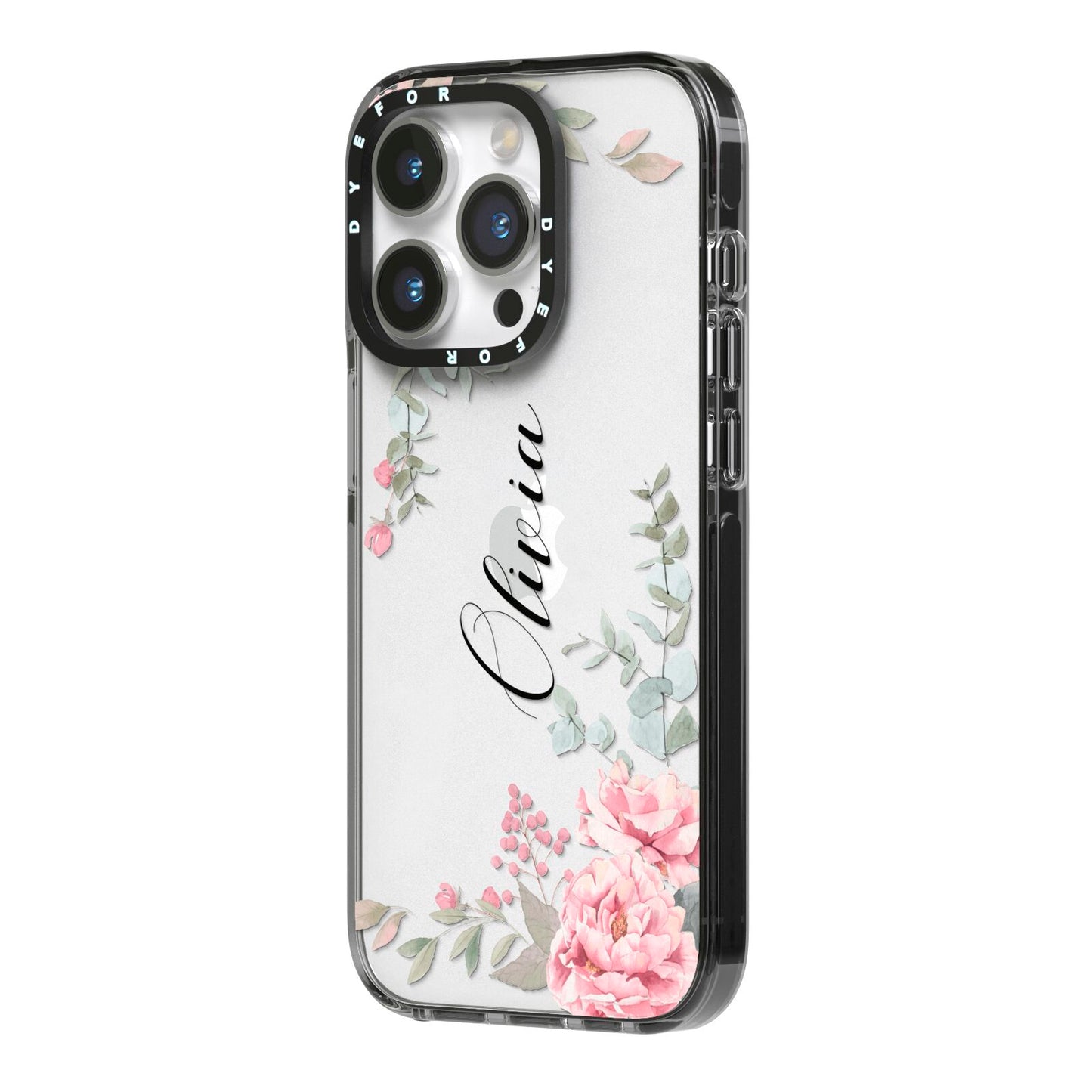 Custom Decorative Floral iPhone 14 Pro Black Impact Case Side Angle on Silver phone