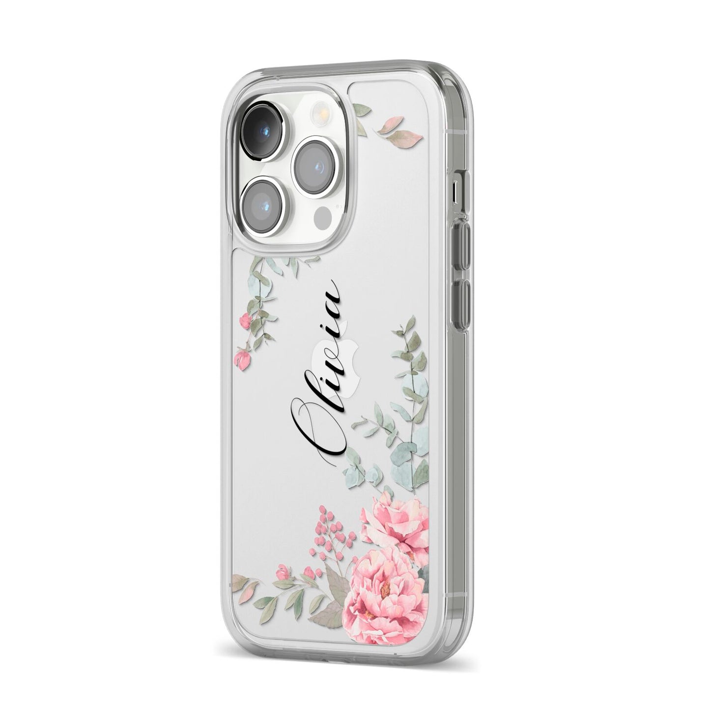 Custom Decorative Floral iPhone 14 Pro Clear Tough Case Silver Angled Image