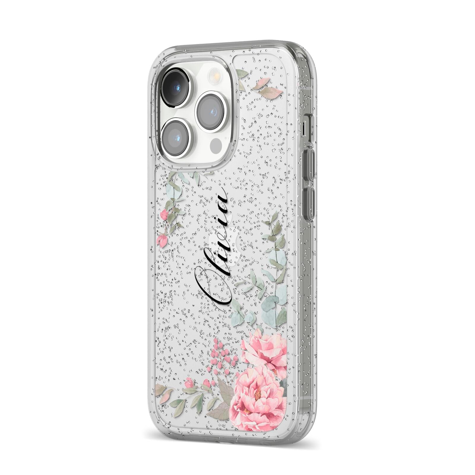 Custom Decorative Floral iPhone 14 Pro Glitter Tough Case Silver Angled Image