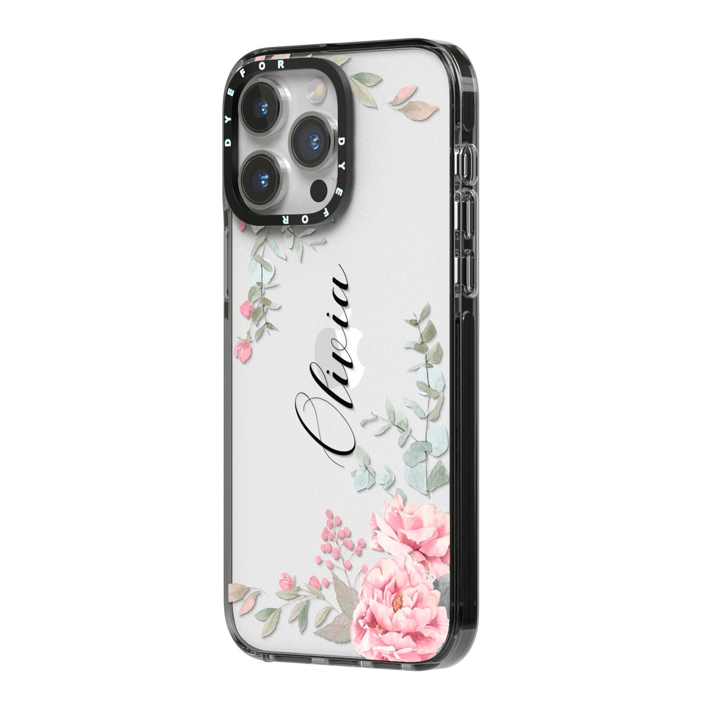 Custom Decorative Floral iPhone 14 Pro Max Black Impact Case Side Angle on Silver phone