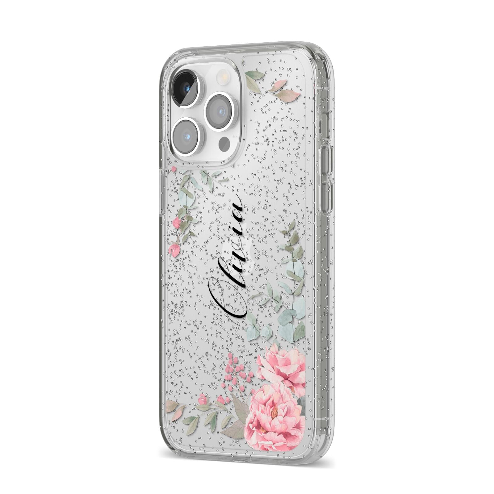 Custom Decorative Floral iPhone 14 Pro Max Glitter Tough Case Silver Angled Image