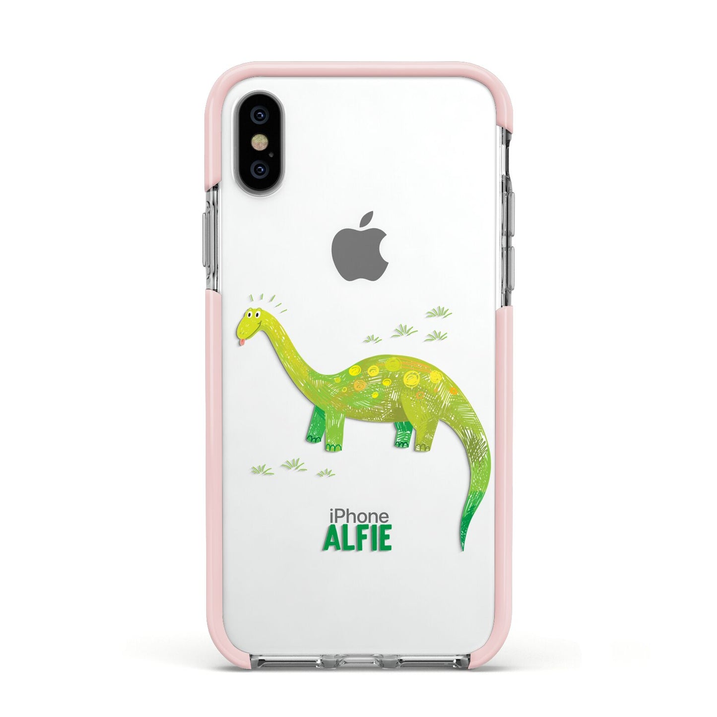 Custom Dinosaur Apple iPhone Xs Impact Case Pink Edge on Silver Phone