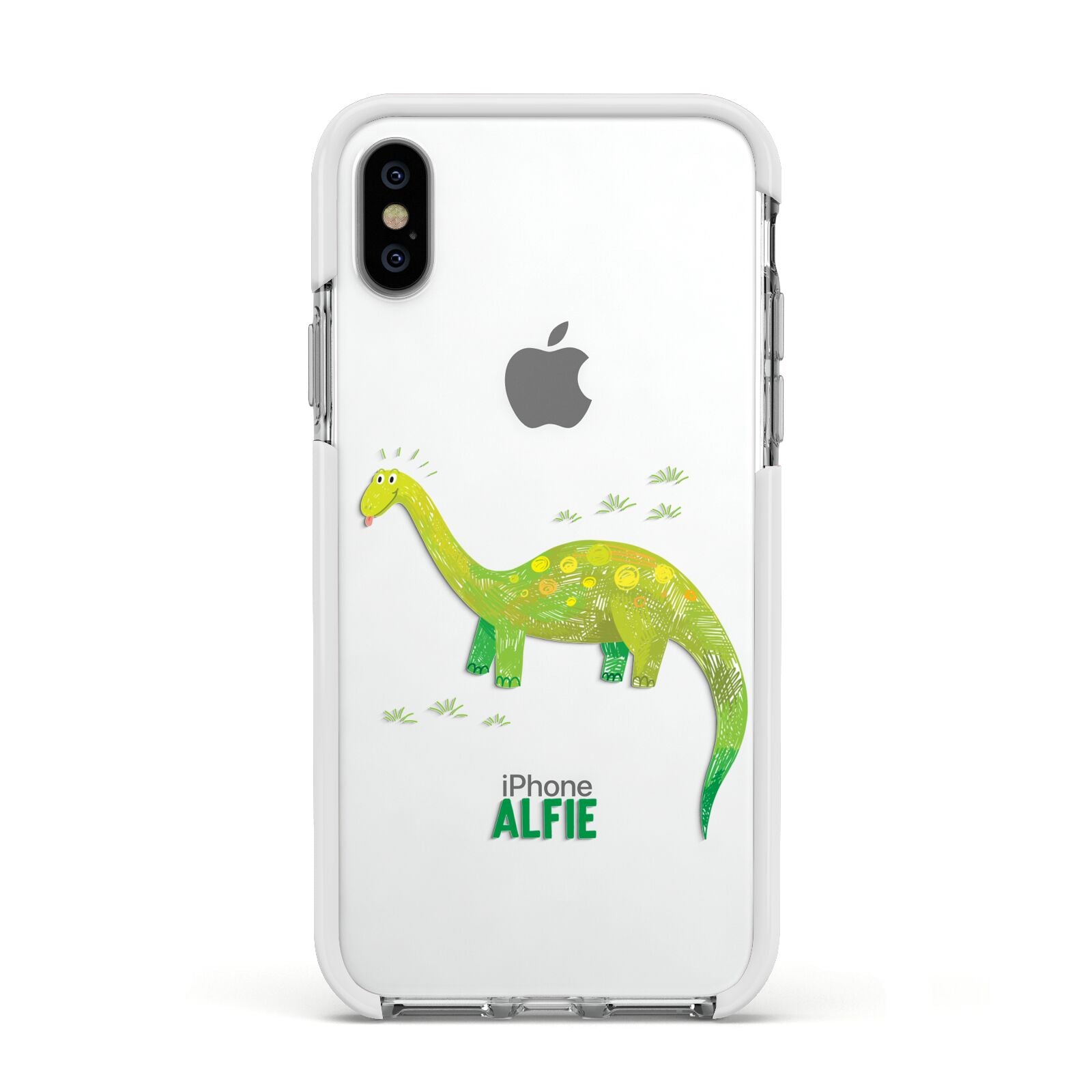 Custom Dinosaur Apple iPhone Xs Impact Case White Edge on Silver Phone