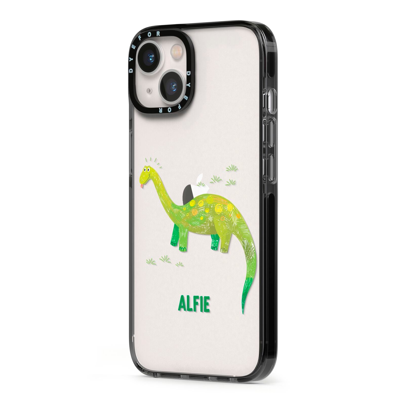 Custom Dinosaur iPhone 13 Black Impact Case Side Angle on Silver phone