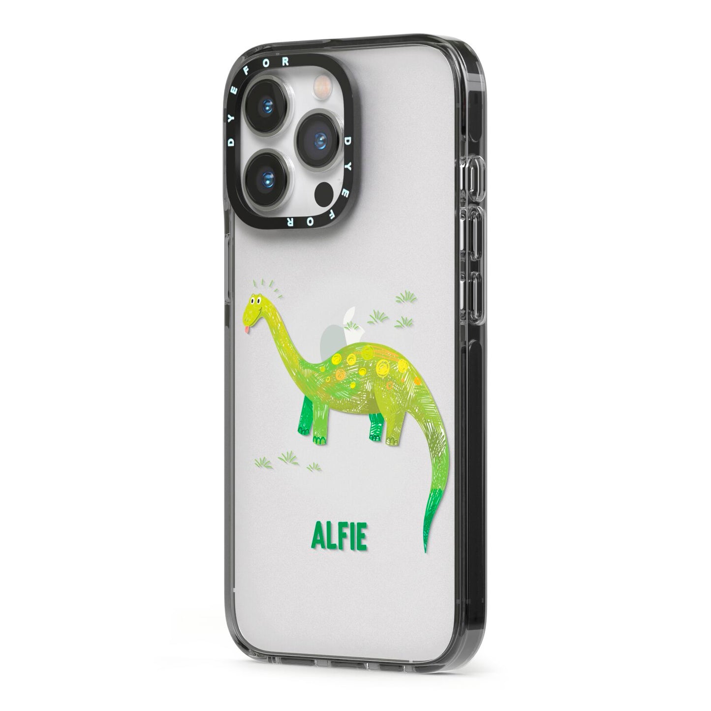 Custom Dinosaur iPhone 13 Pro Black Impact Case Side Angle on Silver phone