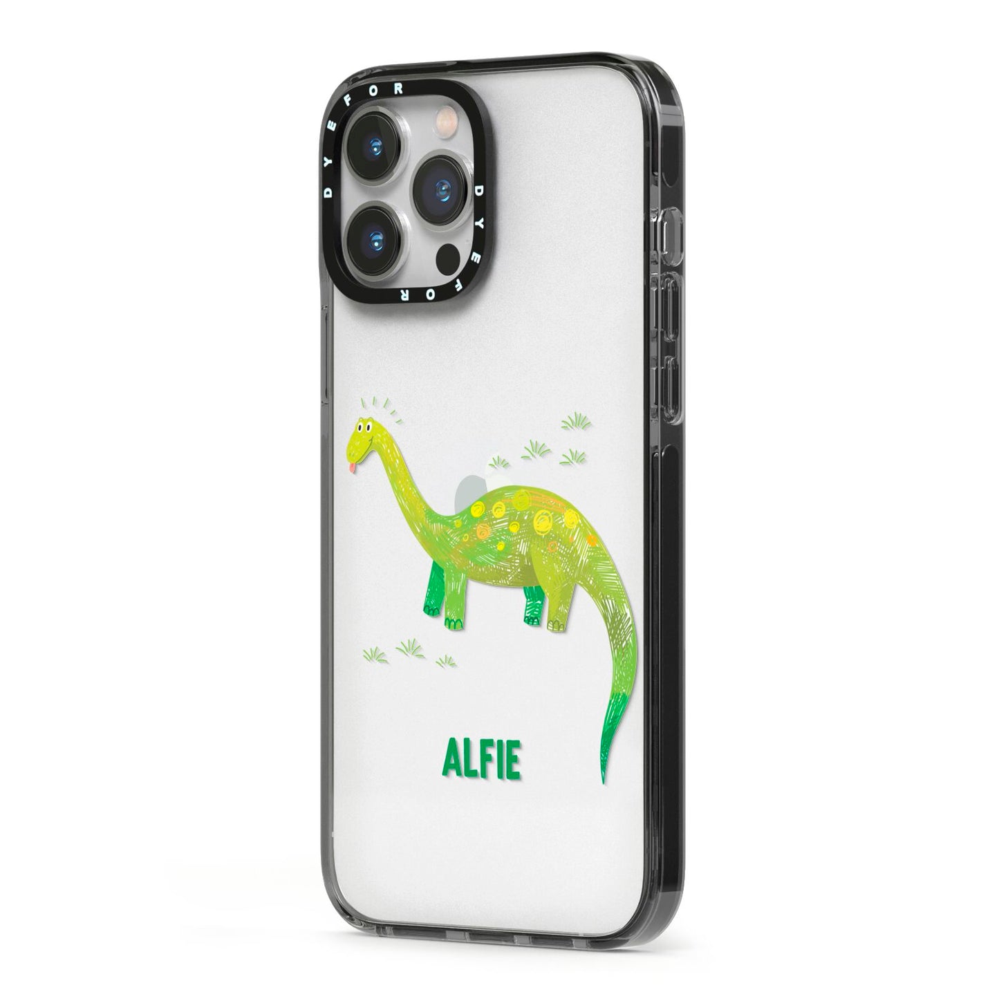 Custom Dinosaur iPhone 13 Pro Max Black Impact Case Side Angle on Silver phone