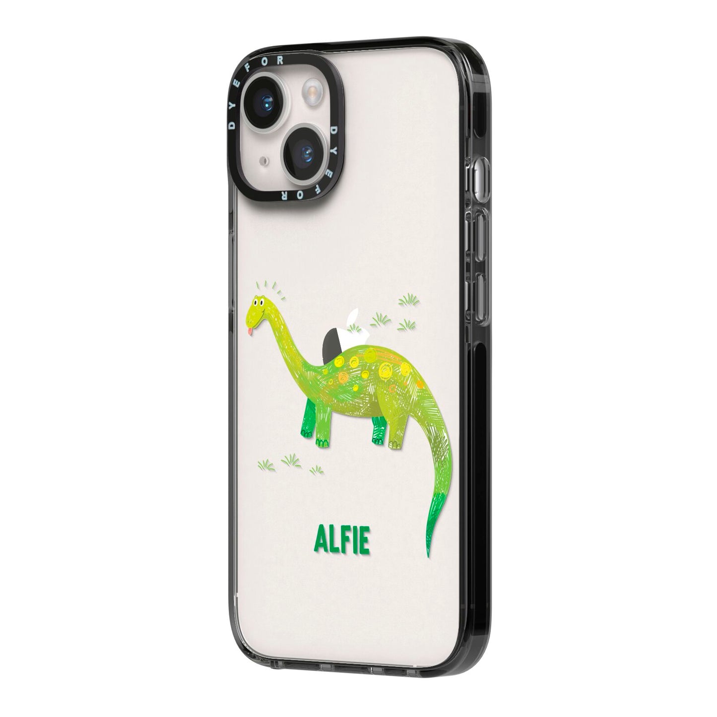 Custom Dinosaur iPhone 14 Black Impact Case Side Angle on Silver phone