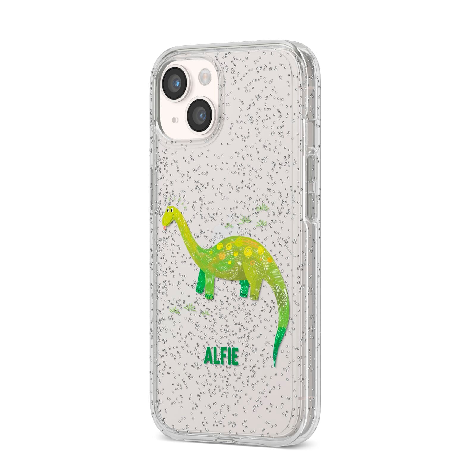 Custom Dinosaur iPhone 14 Glitter Tough Case Starlight Angled Image