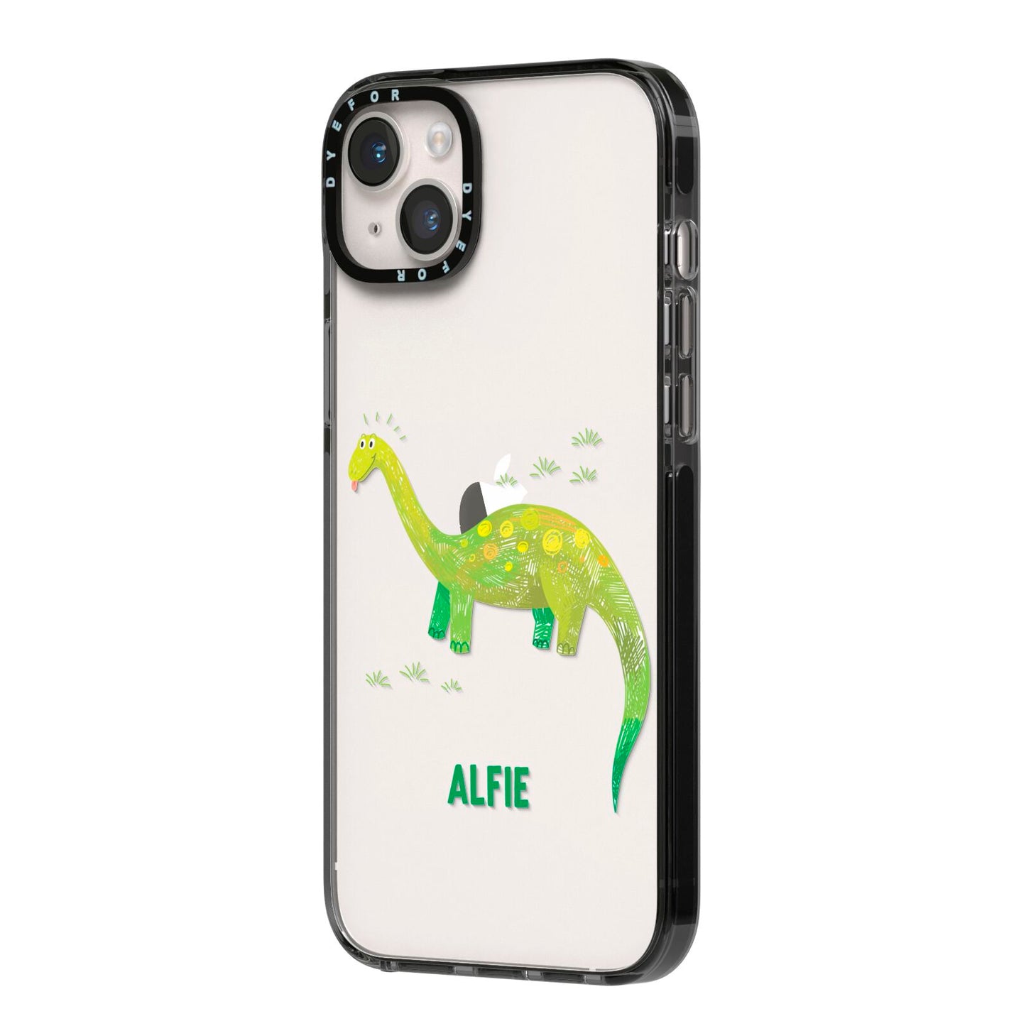 Custom Dinosaur iPhone 14 Plus Black Impact Case Side Angle on Silver phone