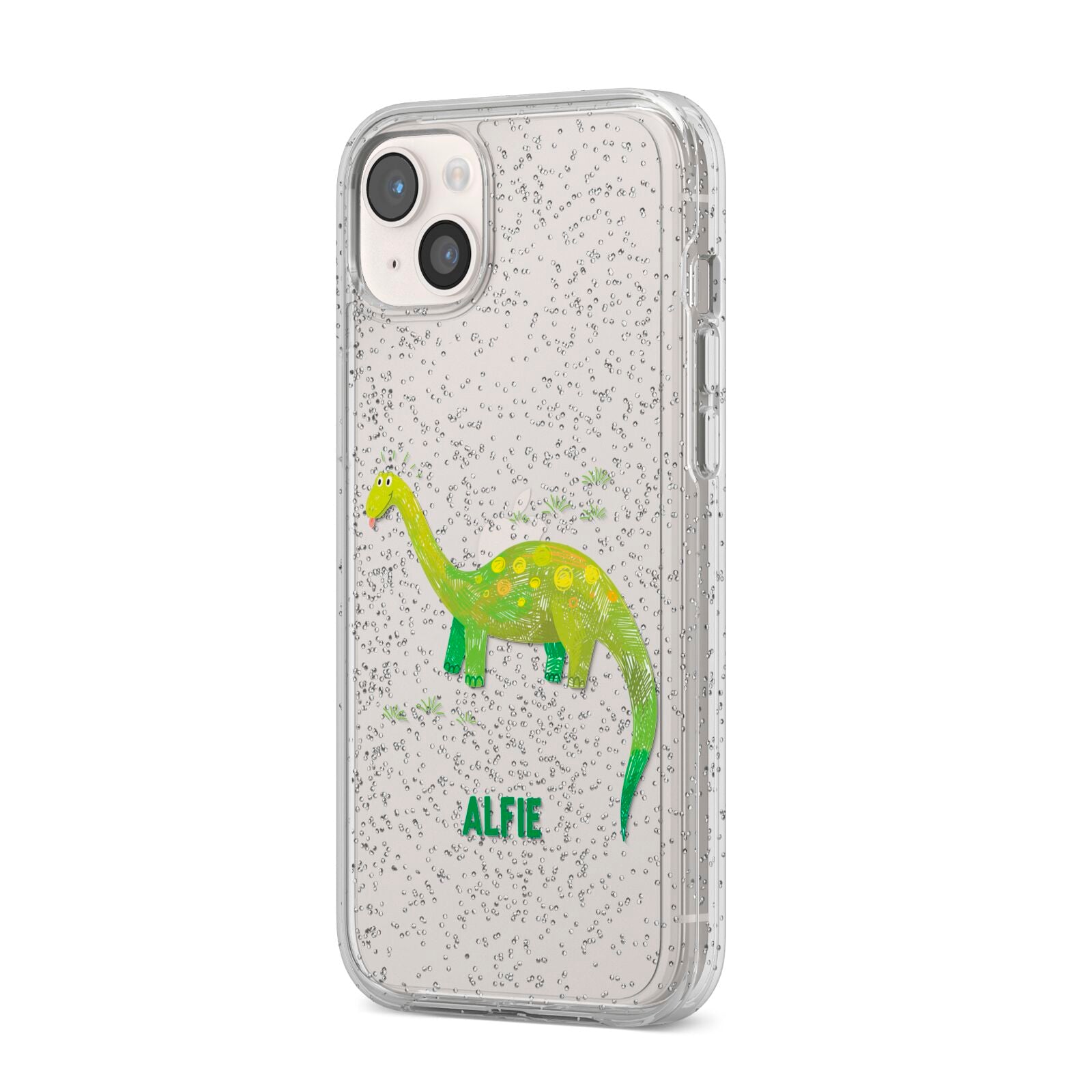 Custom Dinosaur iPhone 14 Plus Glitter Tough Case Starlight Angled Image