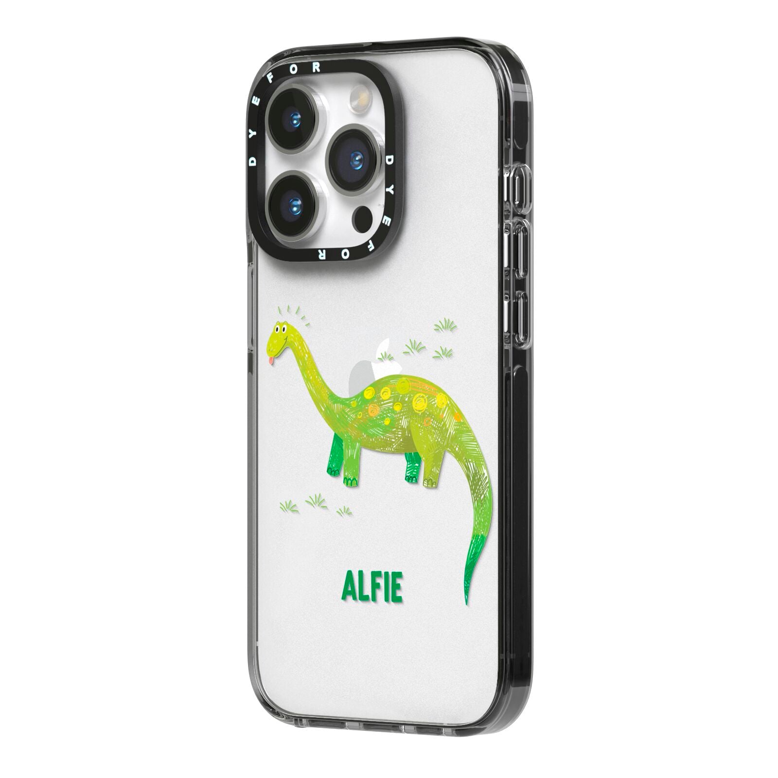 Custom Dinosaur iPhone 14 Pro Black Impact Case Side Angle on Silver phone