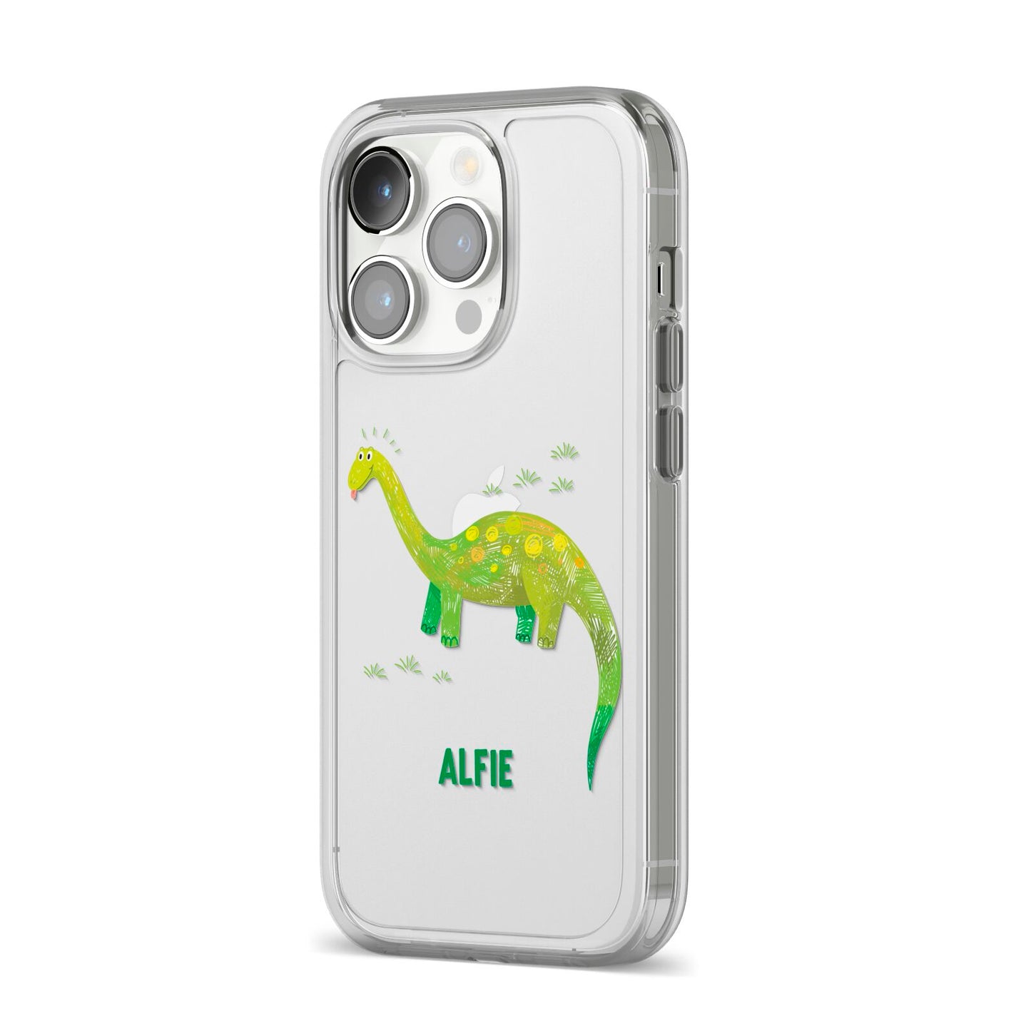 Custom Dinosaur iPhone 14 Pro Clear Tough Case Silver Angled Image