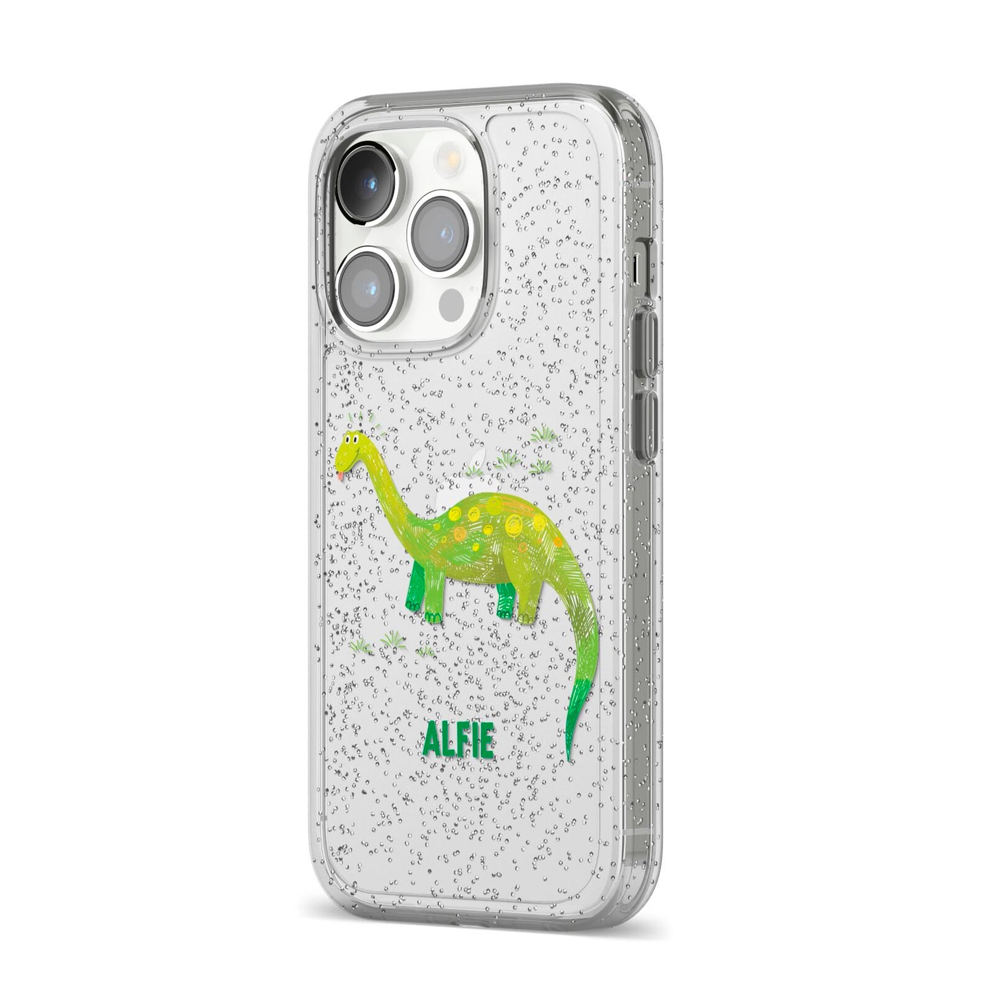 Custom Dinosaur iPhone 14 Pro Glitter Tough Case Silver Angled Image