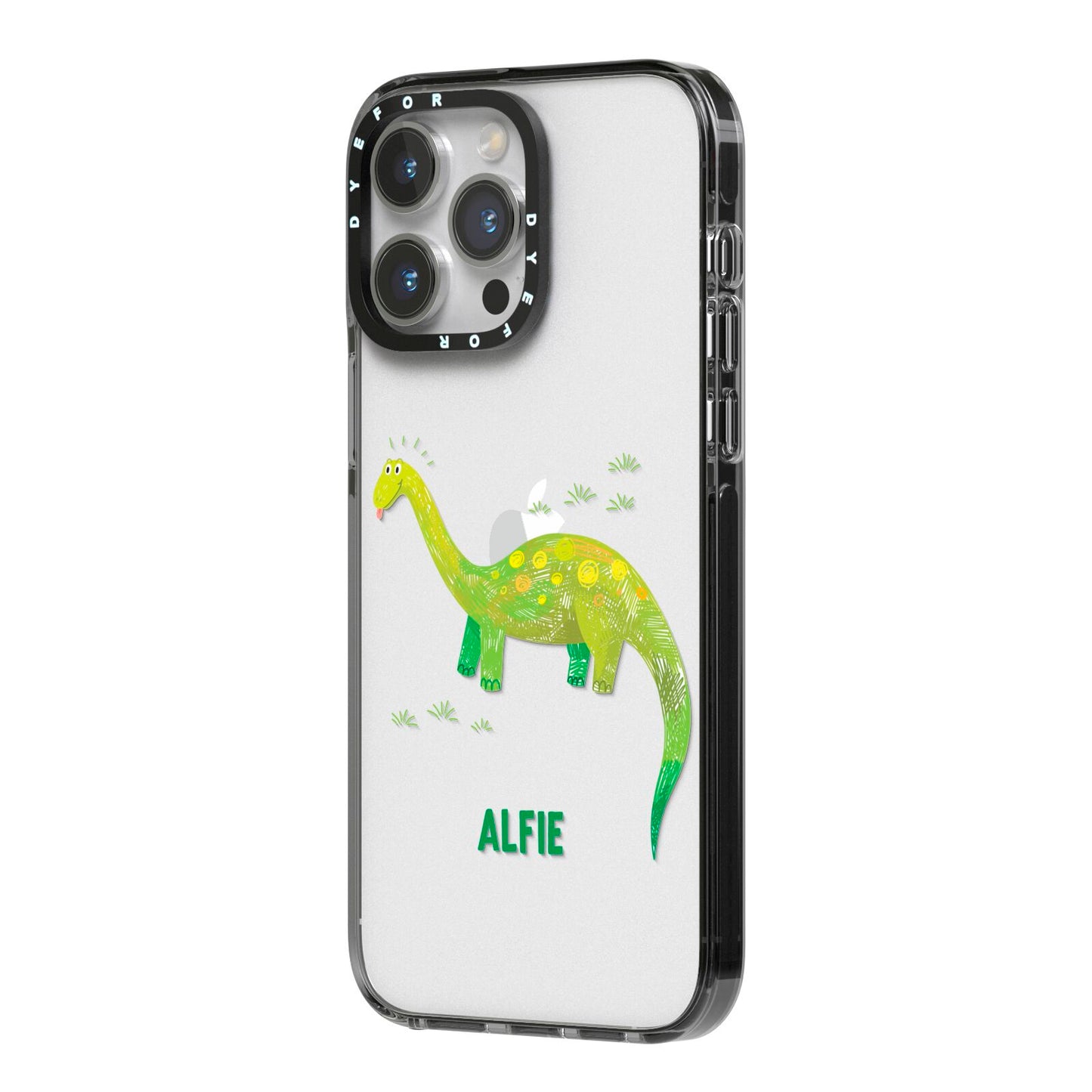 Custom Dinosaur iPhone 14 Pro Max Black Impact Case Side Angle on Silver phone