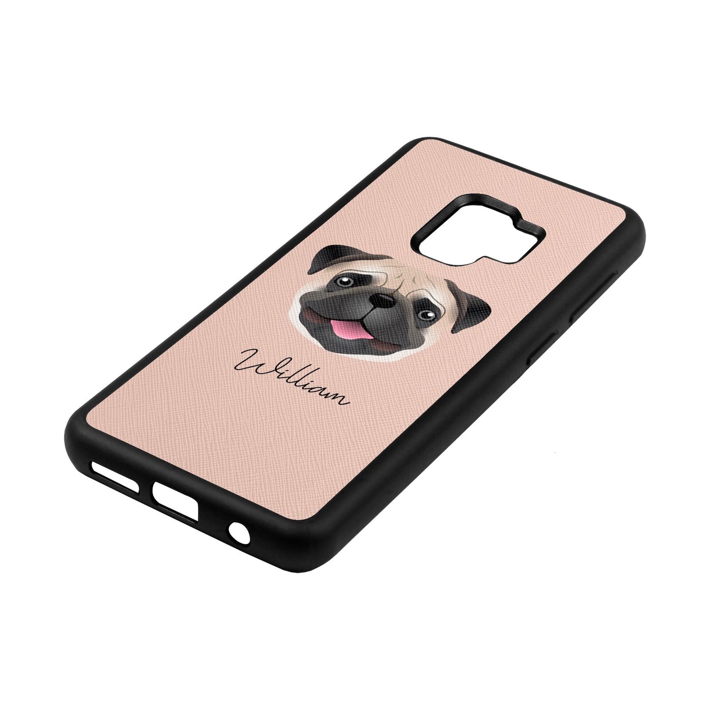 Custom Dog Illustration with Name Nude Saffiano Leather Samsung S9 Case Side Angle