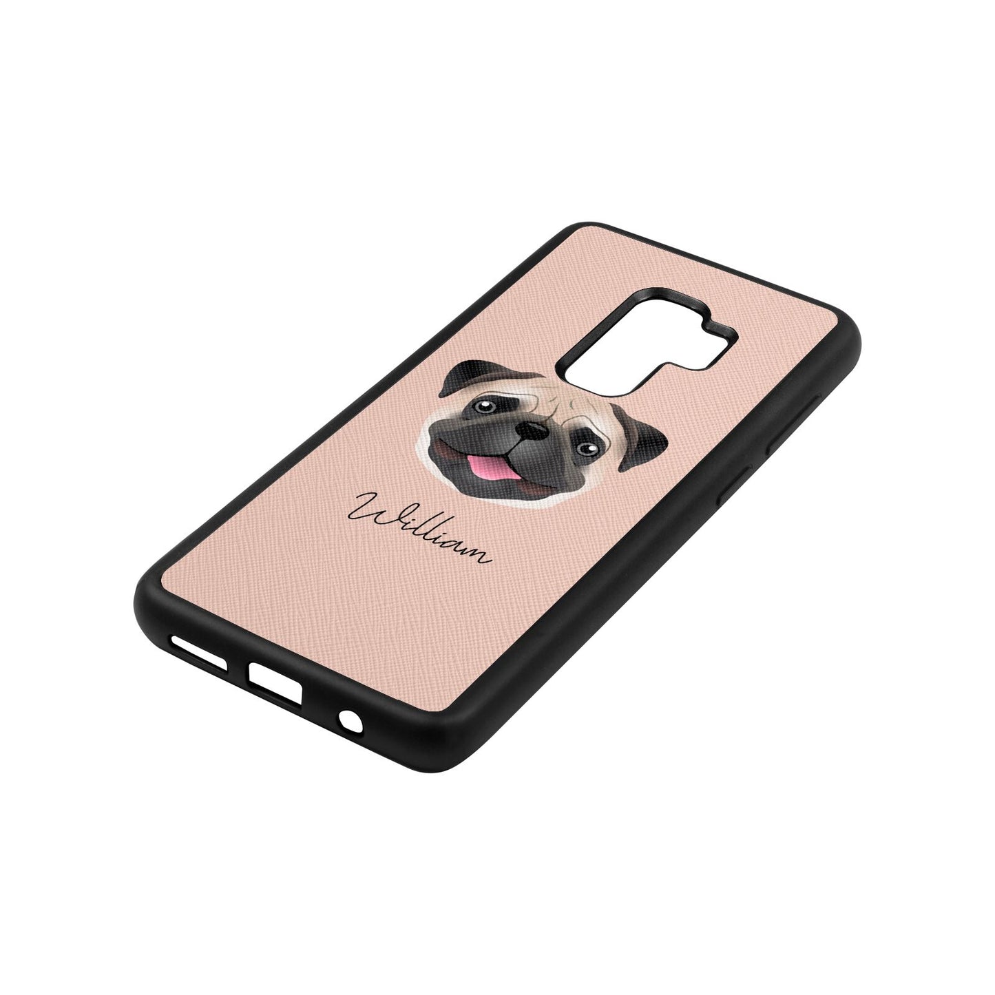 Custom Dog Illustration with Name Nude Saffiano Leather Samsung S9 Plus Case Side Angle