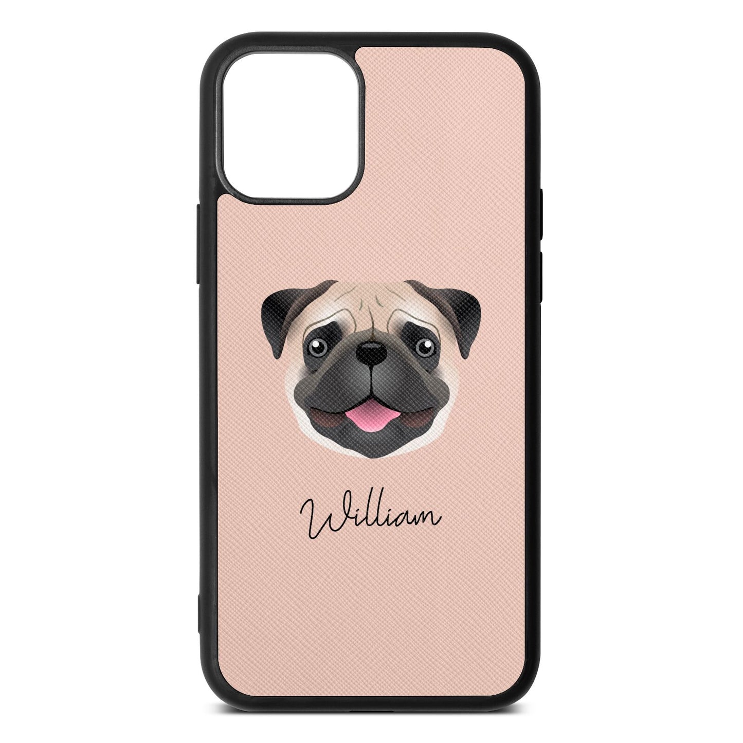 Custom Dog Illustration with Name Nude Saffiano Leather iPhone 11 Case