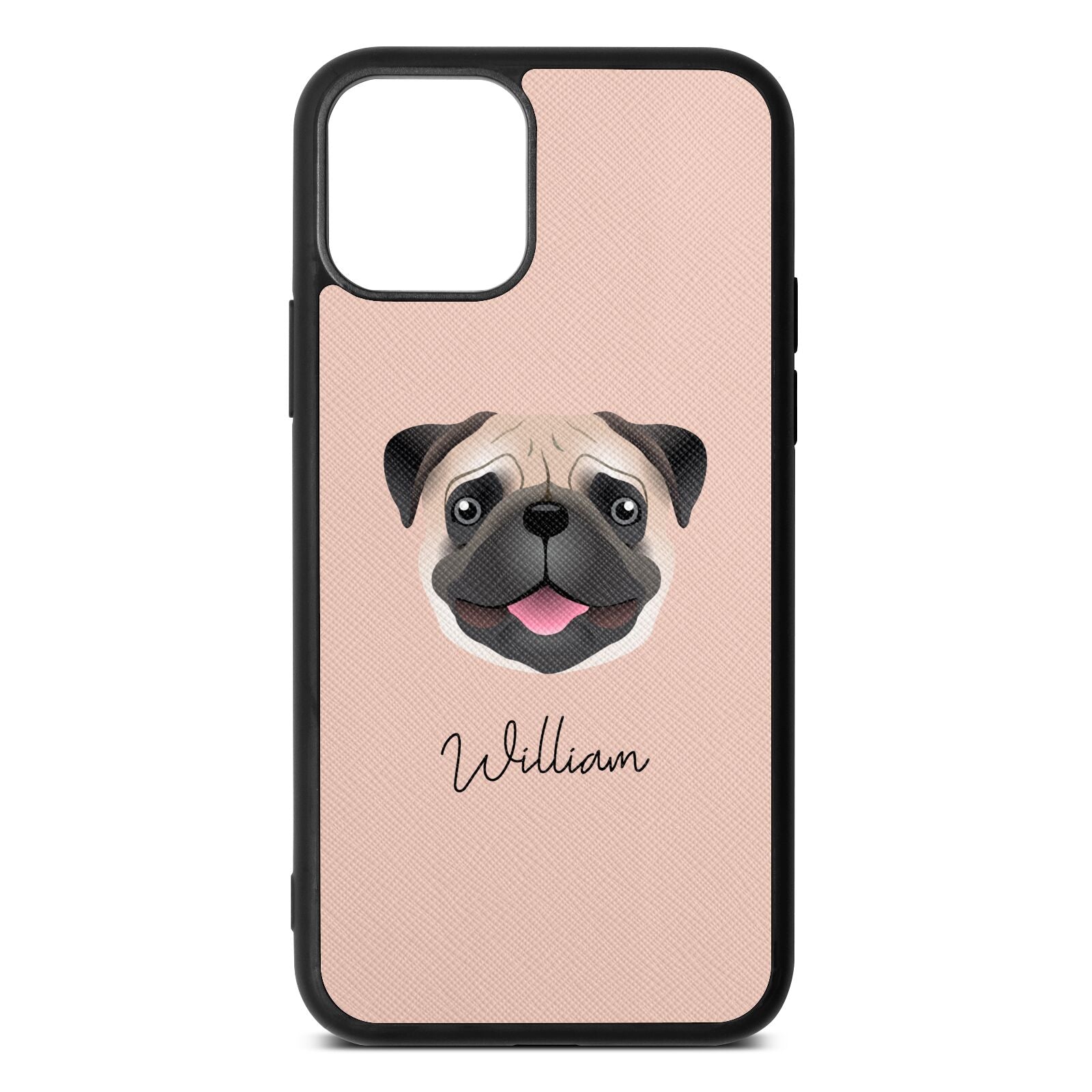 Custom Dog Illustration with Name Nude Saffiano Leather iPhone 11 Case