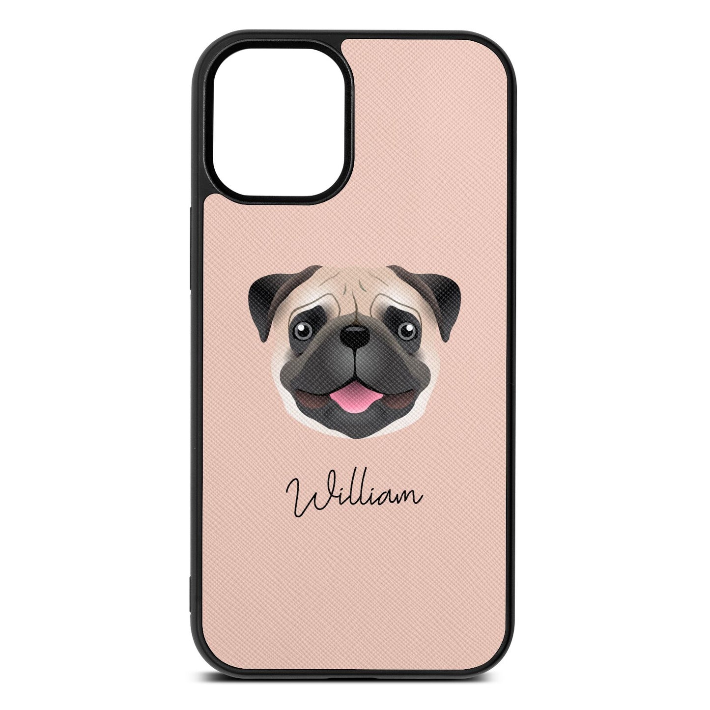 Custom Dog Illustration with Name Nude Saffiano Leather iPhone 12 Mini Case