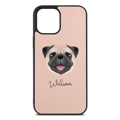 Custom Dog Illustration with Name Nude Saffiano Leather iPhone 12 Pro Max Case