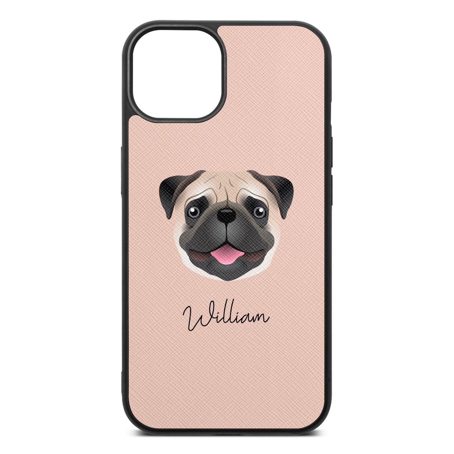 Custom Dog Illustration with Name Nude Saffiano Leather iPhone 13 Case