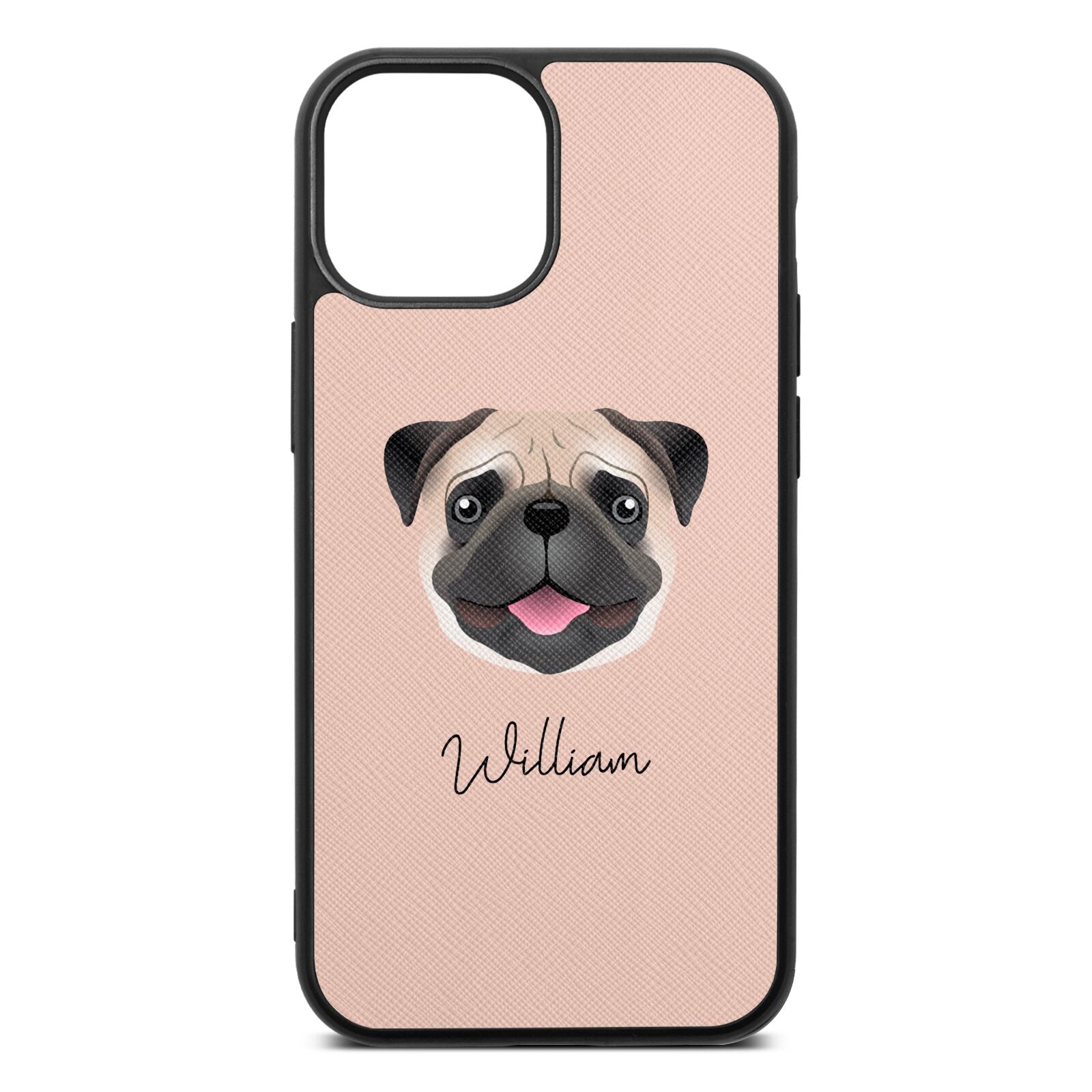 Custom Dog Illustration with Name Nude Saffiano Leather iPhone 13 Mini Case